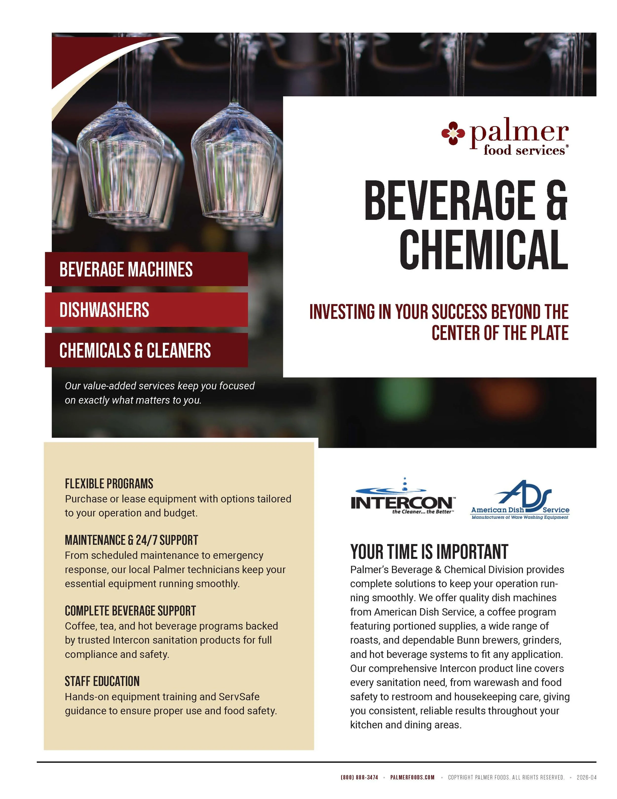 A brochure from Palmer Food Services titled 'Beverage & Chemical'. The cover features hanging wine glasses and lists services such as beverage machines, dishwashers, chemicals & cleaners. The brochure emphasizes the company's commitment to maintenance, support, safety, staff education, and providing solutions for food-service needs.