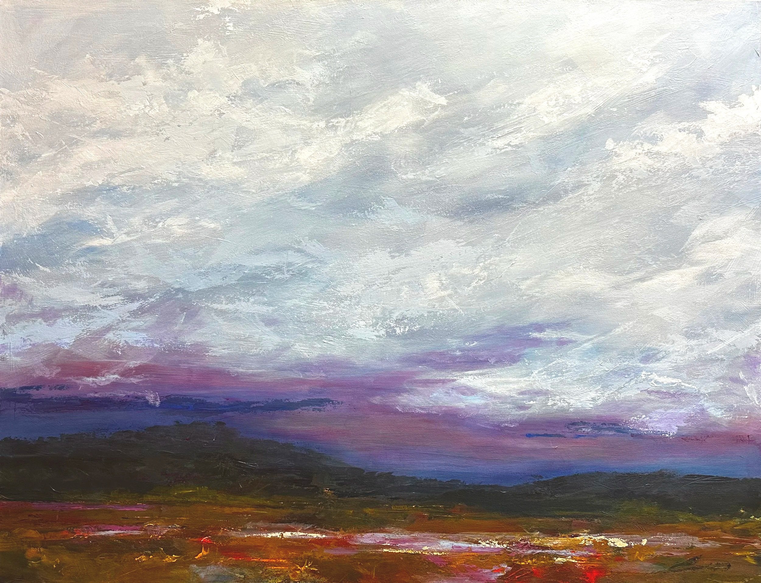 A colorful abstract landscape painting with layered horizontal bands of color, including shades of light blue, purple, red, orange, and dark green, creating a sunset or sunrise scene.