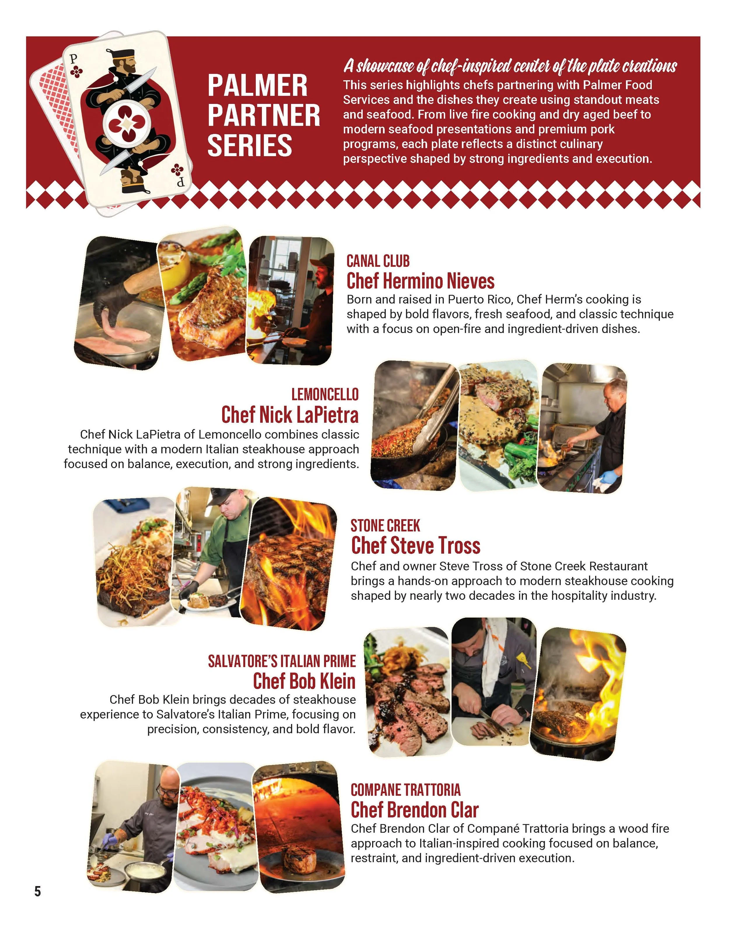 A promotional page for the Palmer Partner Series featuring chef profiles and images of dishes and cooking processes, including Chef Hermino Nieves, Chef Nick LaPietra, Chef Steve Tross, and Chef Bob Klein.