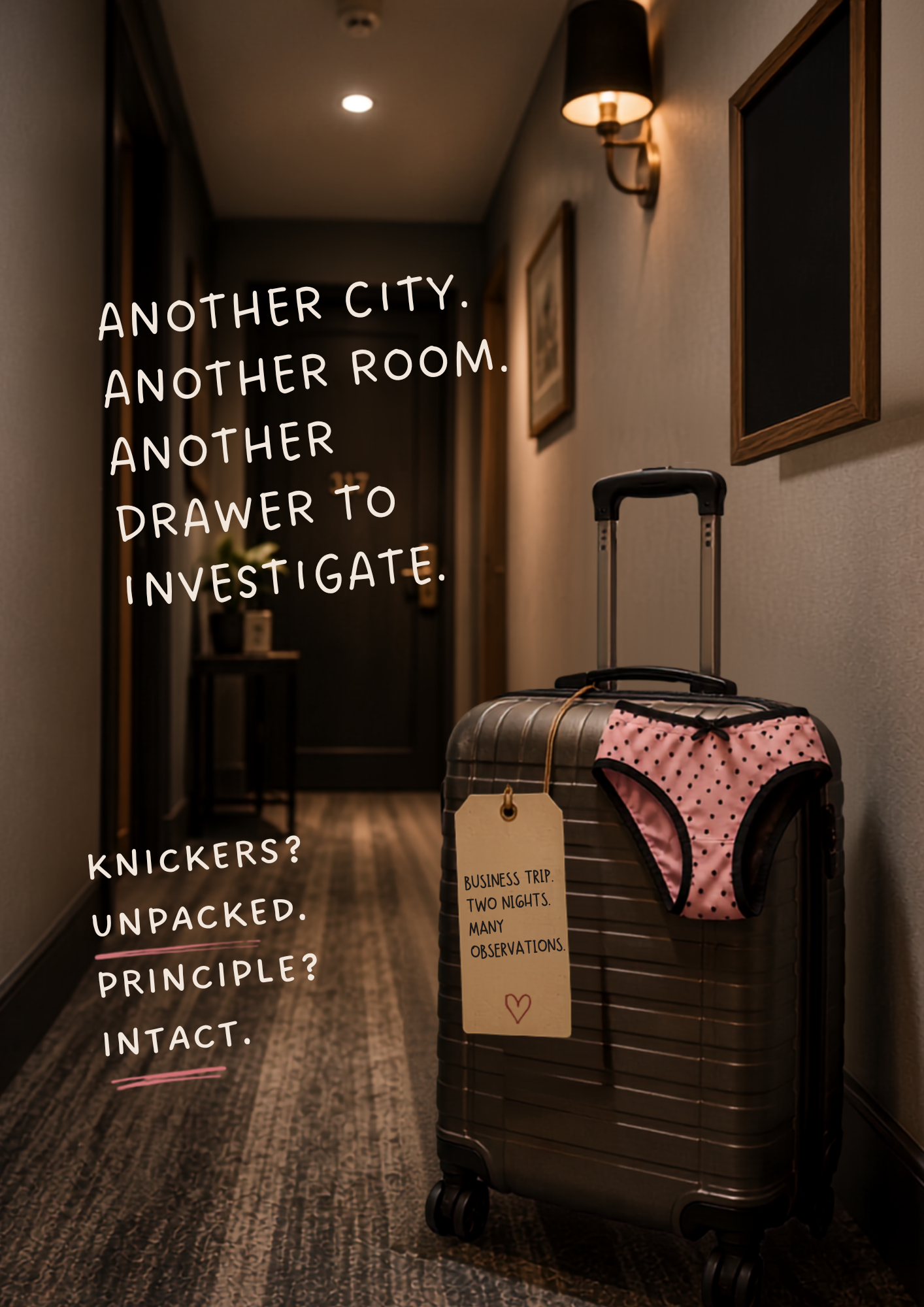 A hallway with a suitcase and pink polka dot underwear hanging on it. The luggage tag says 'Business trip. Two nights. Many observations.' The hallway has framed artwork on the wall, a wall lamp, and a carpeted floor.