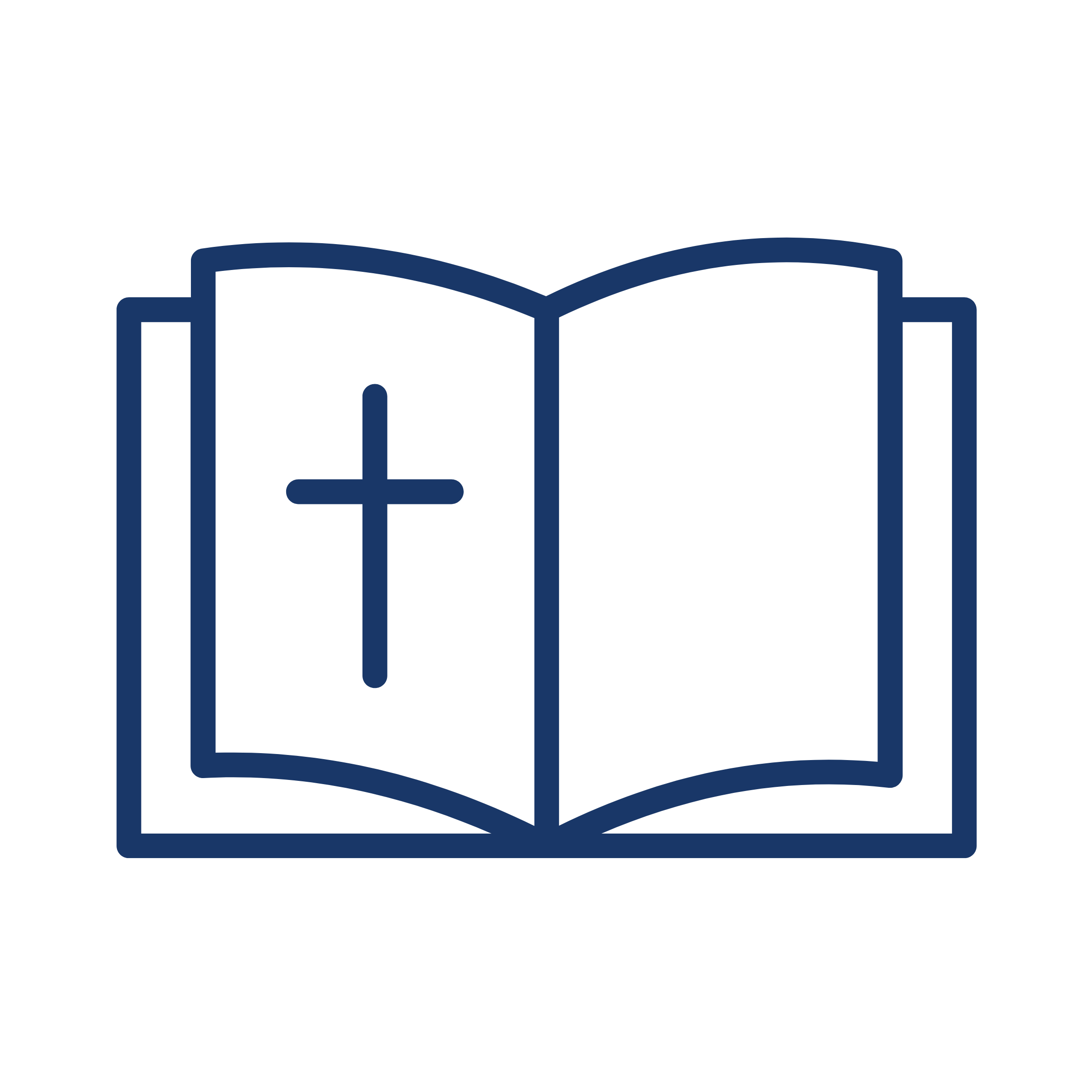 Outline of an open Bible with a cross on the left page.