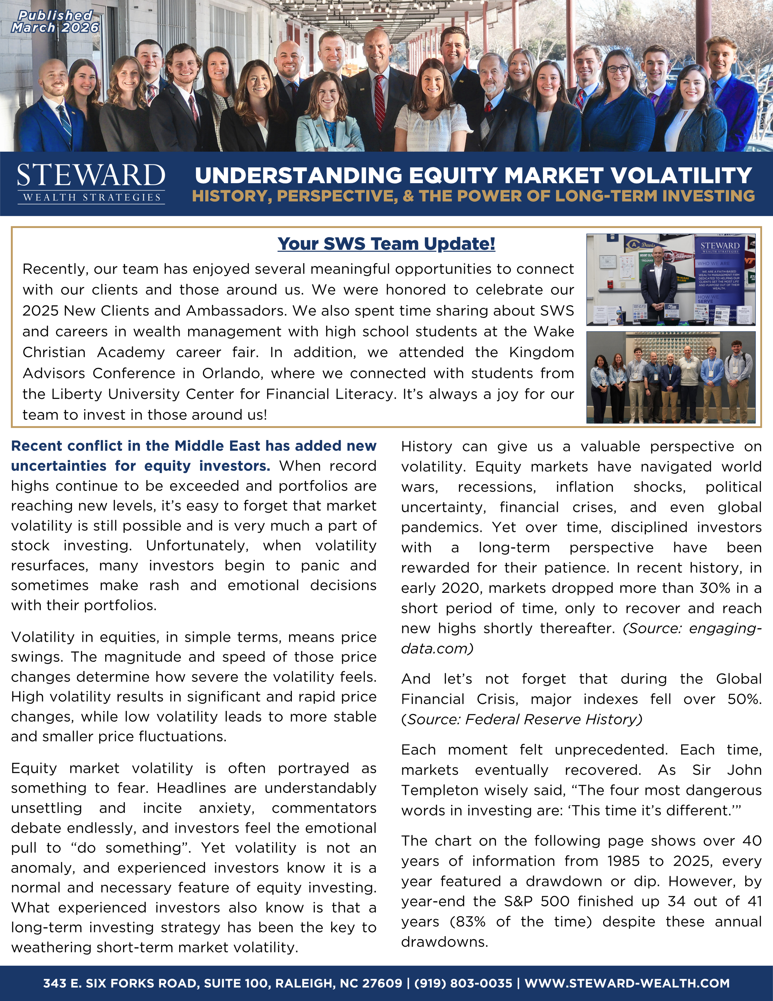 Group of professionals posing for a photo at a conference or business event, with a banner behind them displaying 'Understanding Equity Market Volatility' and related text.