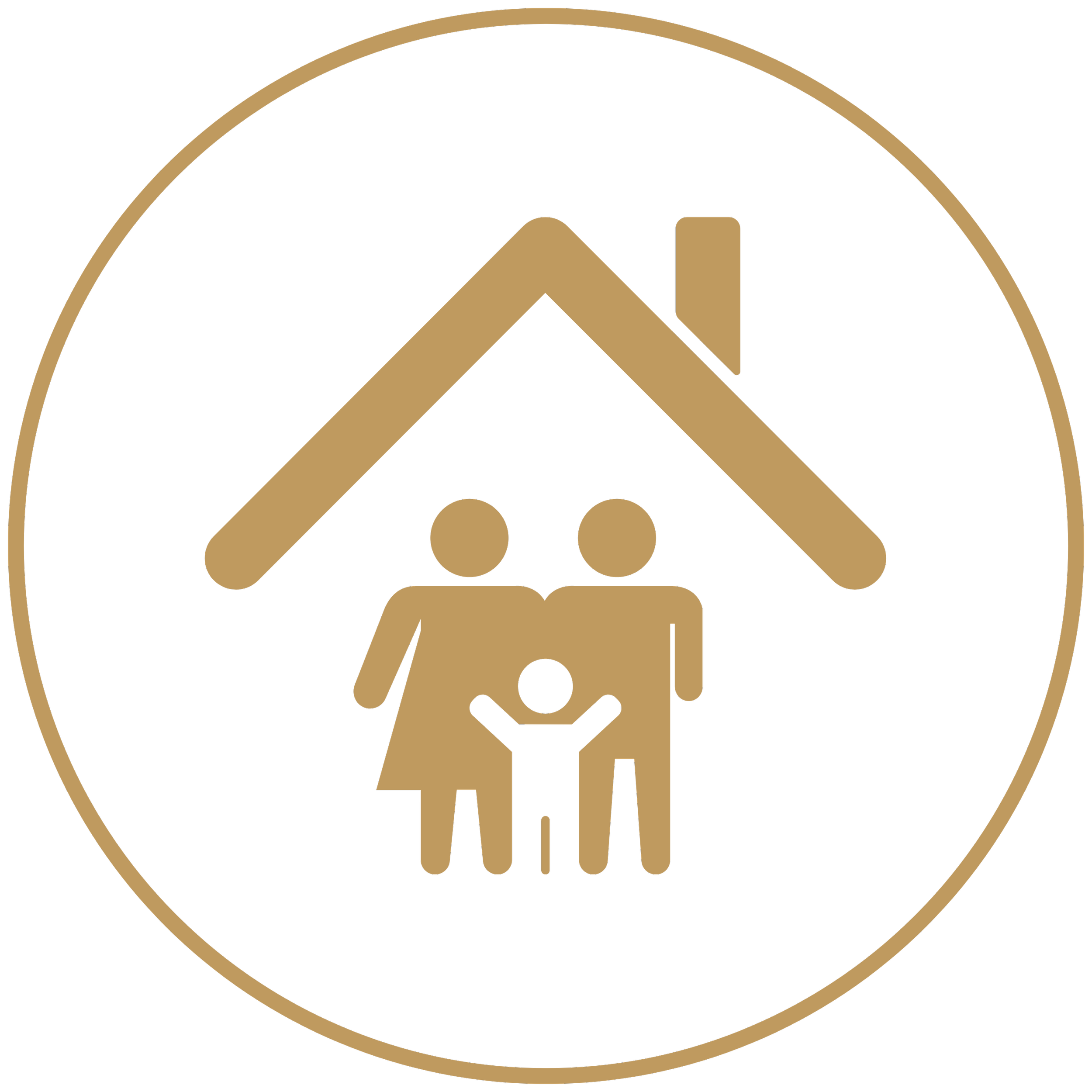 Gold icon of a family with two adults and one child standing under a roof, surrounded by a circle, on a black background.