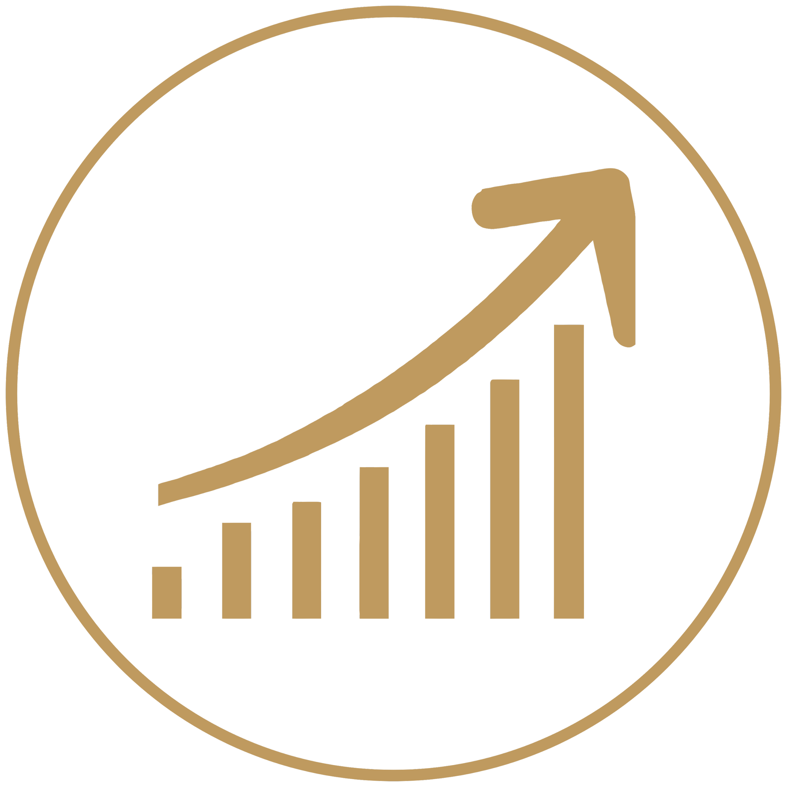 Gold ascending bar chart with an upward arrow inside a black circle.