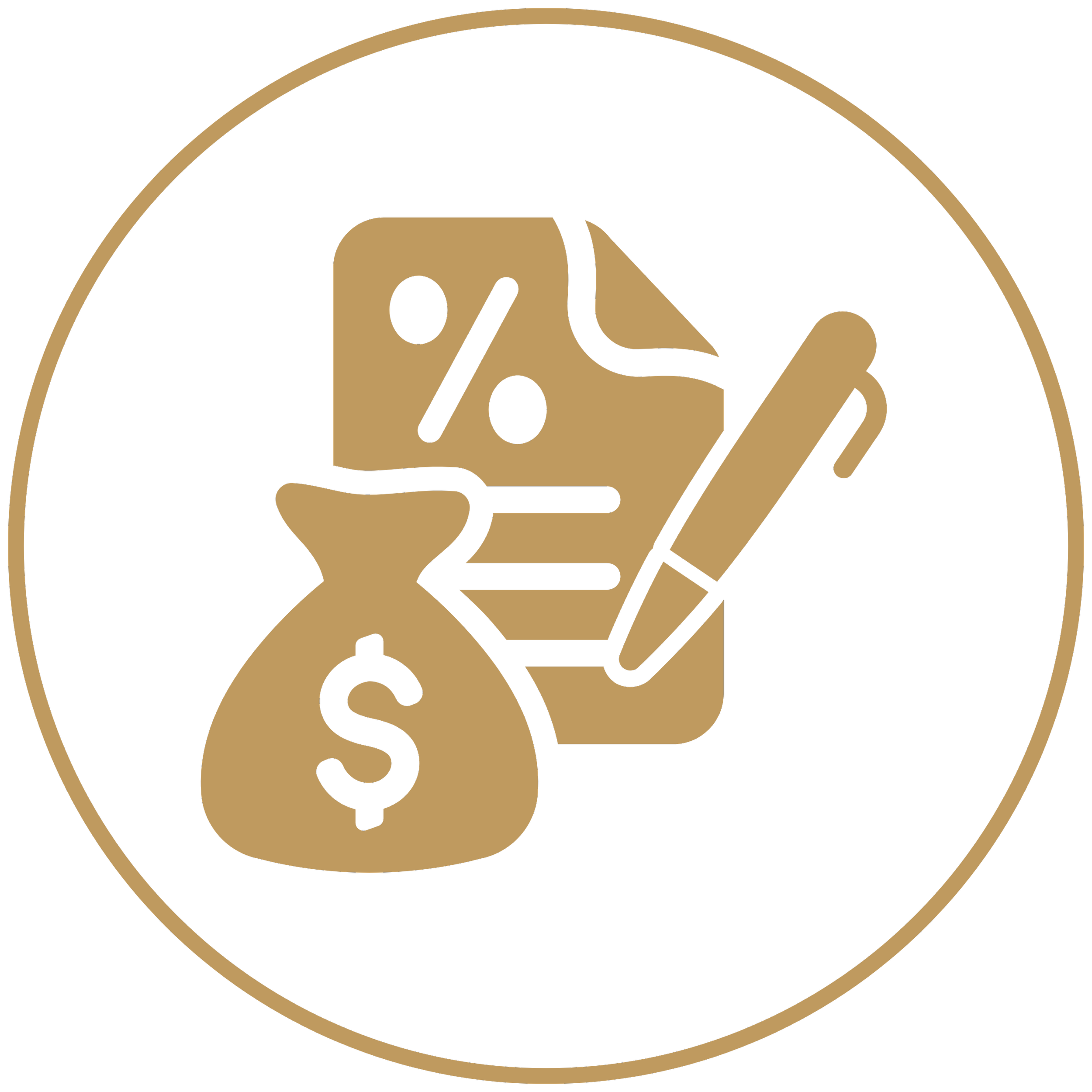 Gold icon with a money bag, percentage tag, smartphone displaying a checkmark, and pen, representing financial transactions or savings.