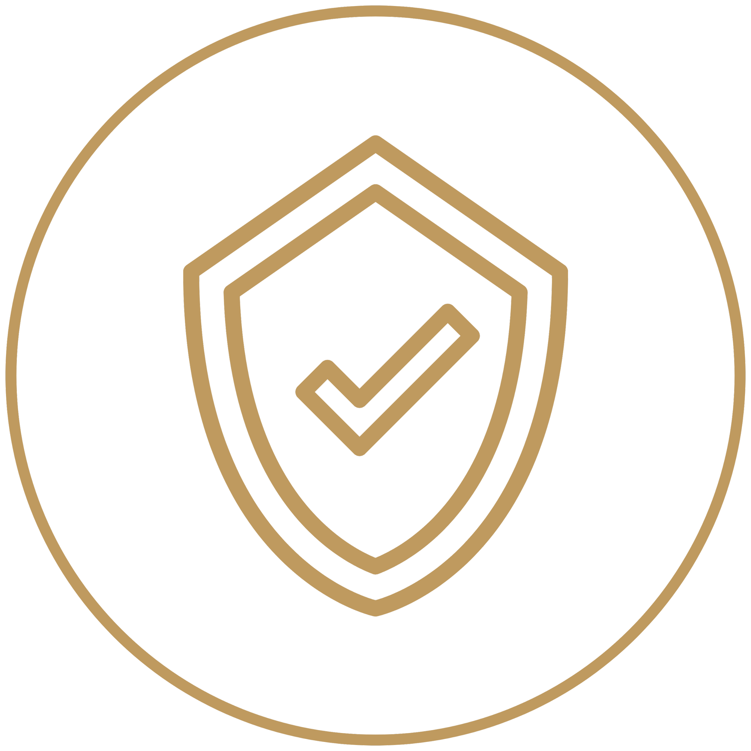 Gold shield with checkmark icon on black background.