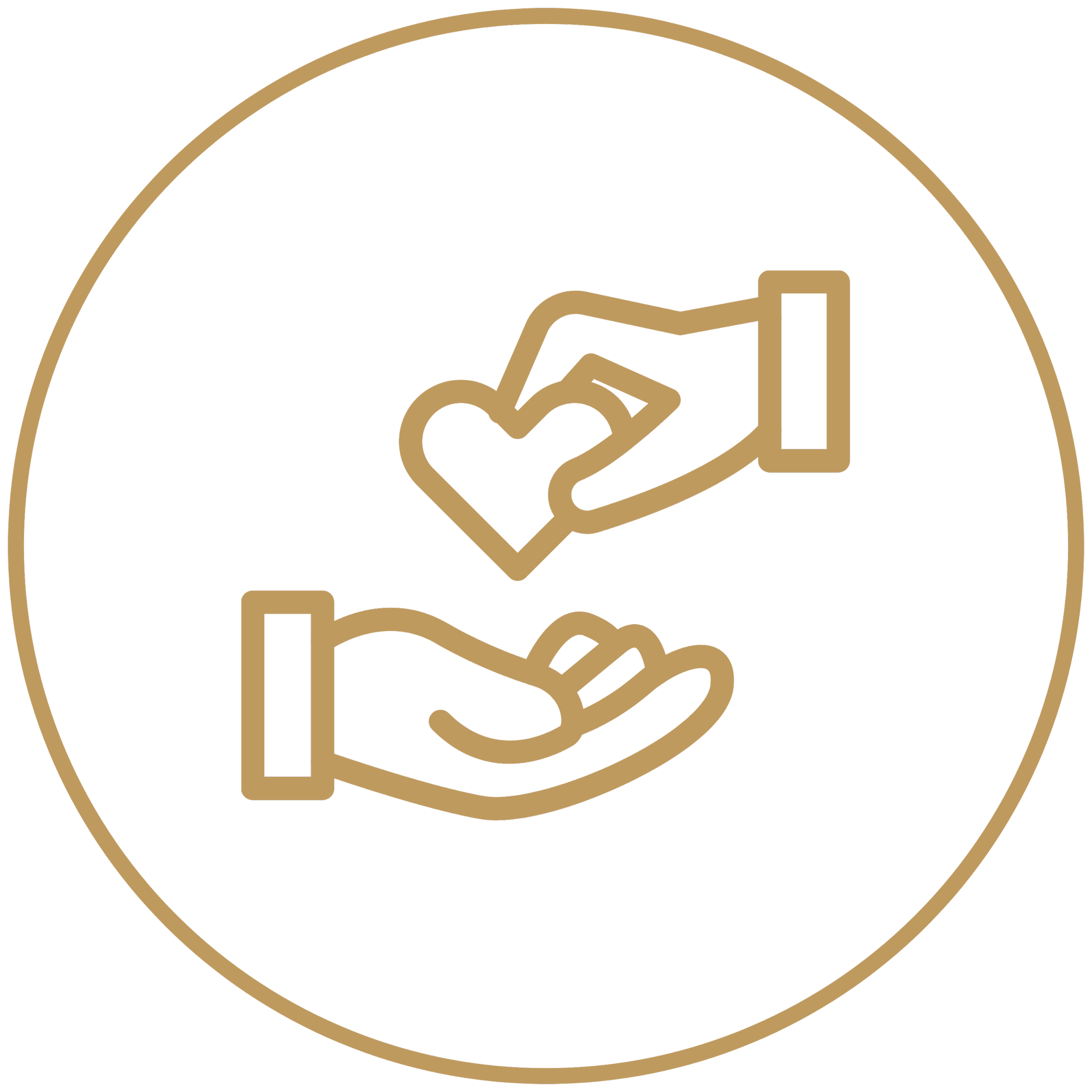 Line drawing of two hands holding a heart, one above and one below, all within a circular border.