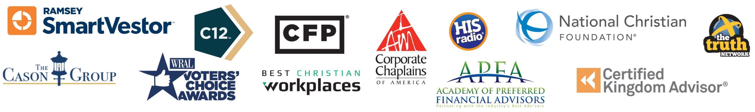 A collage of logos for various organizations and companies, including Ramsey SmartVestor, C12, CFP, HIS Radio, the National Christian Foundation, The Truth Network, The Cason Group, the Moter's Choice Awards, Christian Workplaces, Corporate Chaplains of America, ADEA, Certified Kingdom Advisors, and Academy of Preferred Financial Advisors.
