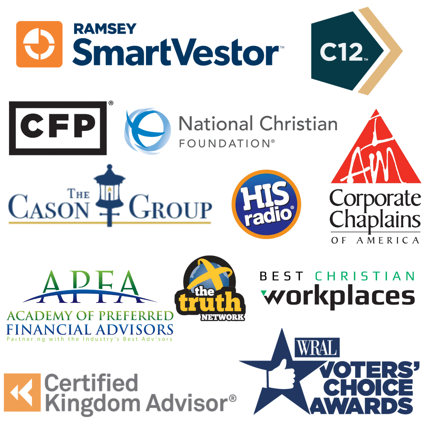 Collection of logos for various organizations, including NAMSS, SmartVestor, C12, CFP, the National Christian Foundation, the Cason Group, HIS Radio, Corporate Chaplains, and others, displayed in a layered arrangement with different colors and designs.