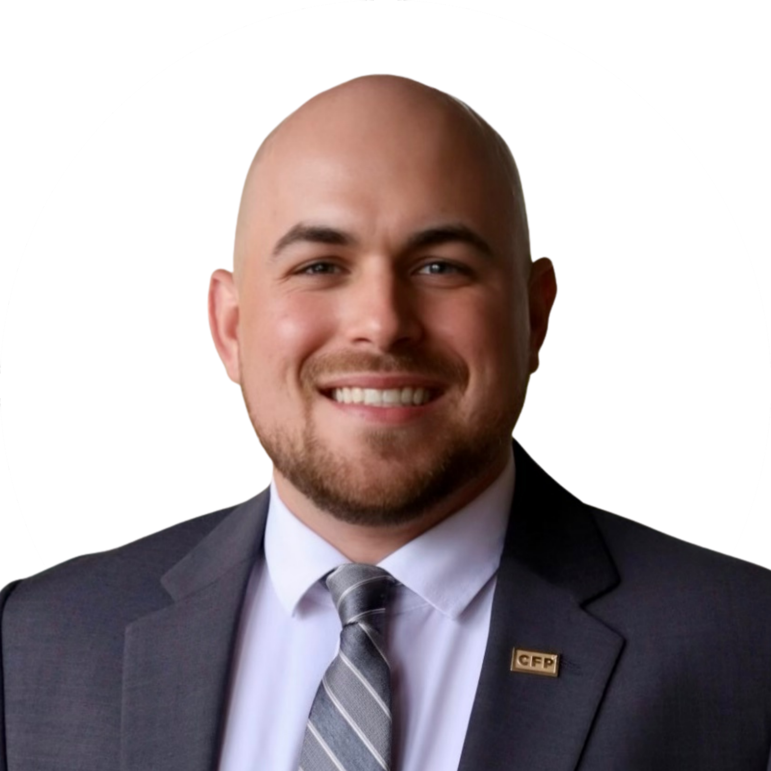 Professional headshot of a man in a gray suit, white shirt, and striped tie, smiling, with a CFP pin on his lapel and a plain white background.