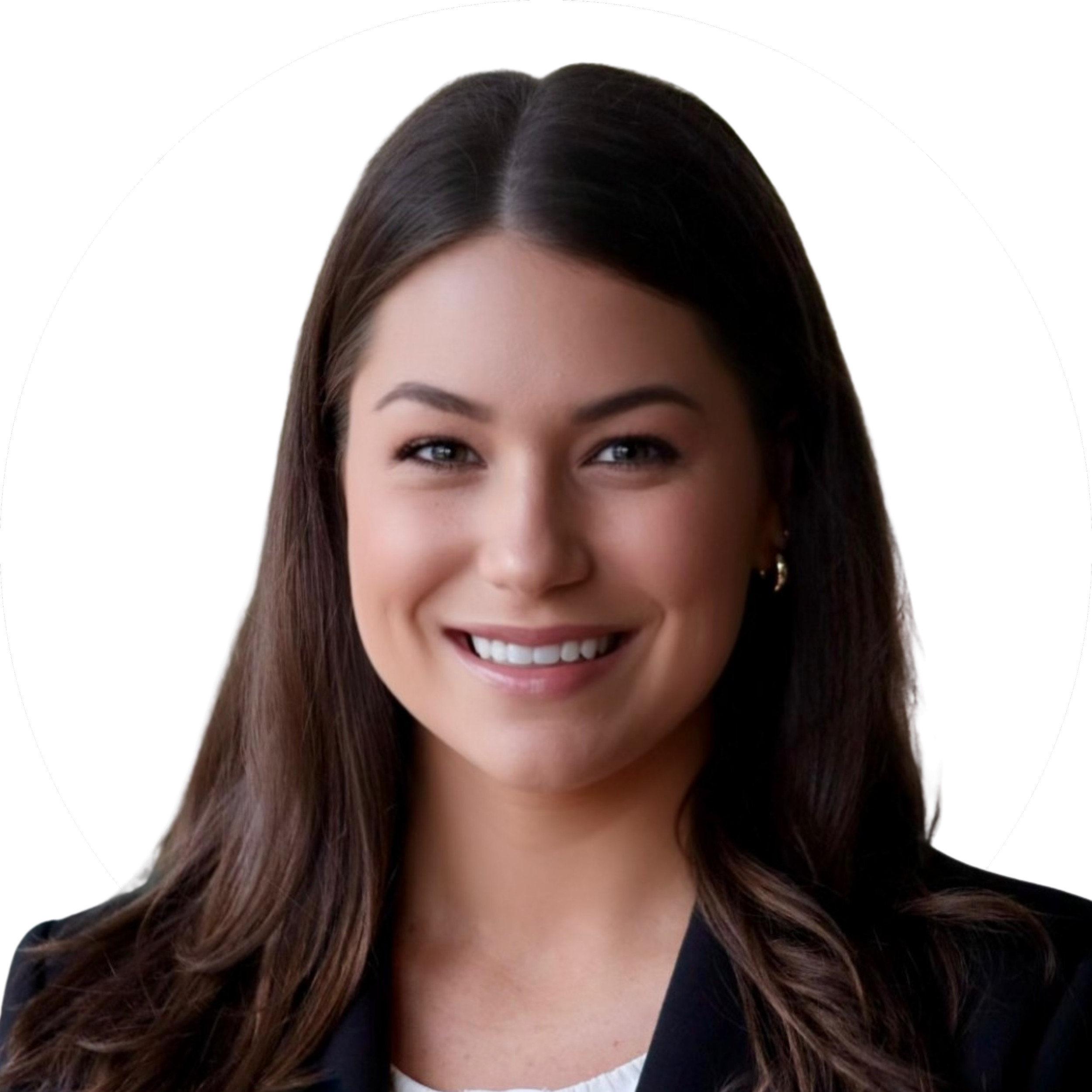 Professional woman with long brown hair smiling against a circular white and black background.