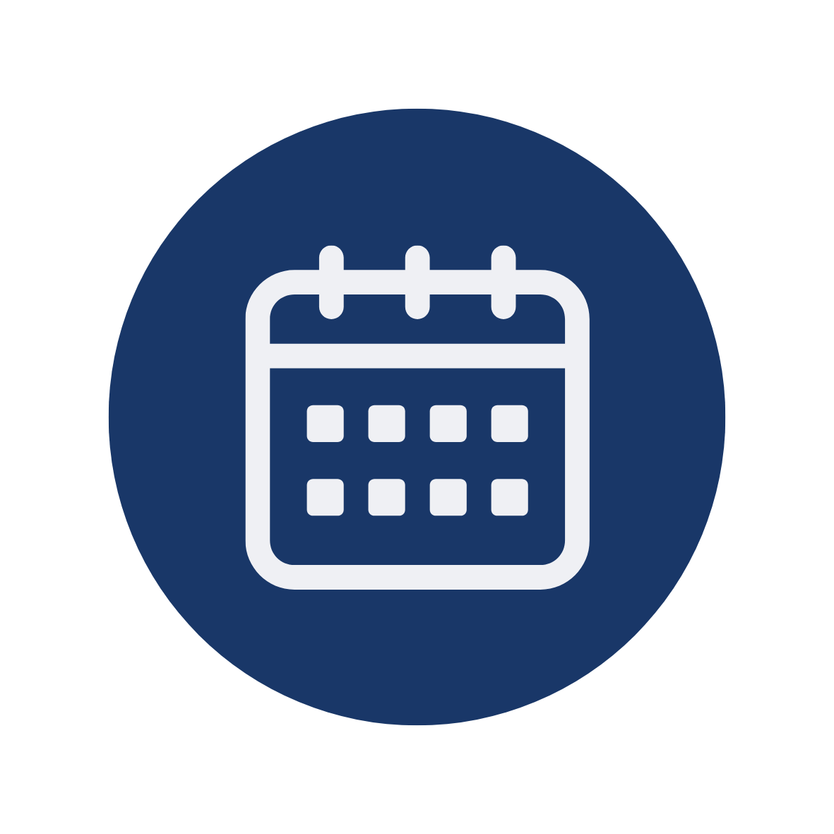 Calendar icon with a white outline on a dark blue circular background.