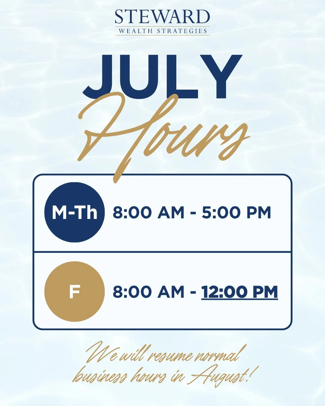 During the month of July, our office will close at 12:00 PM on Fridays. We hope you have a wonderful summer! ☀️
