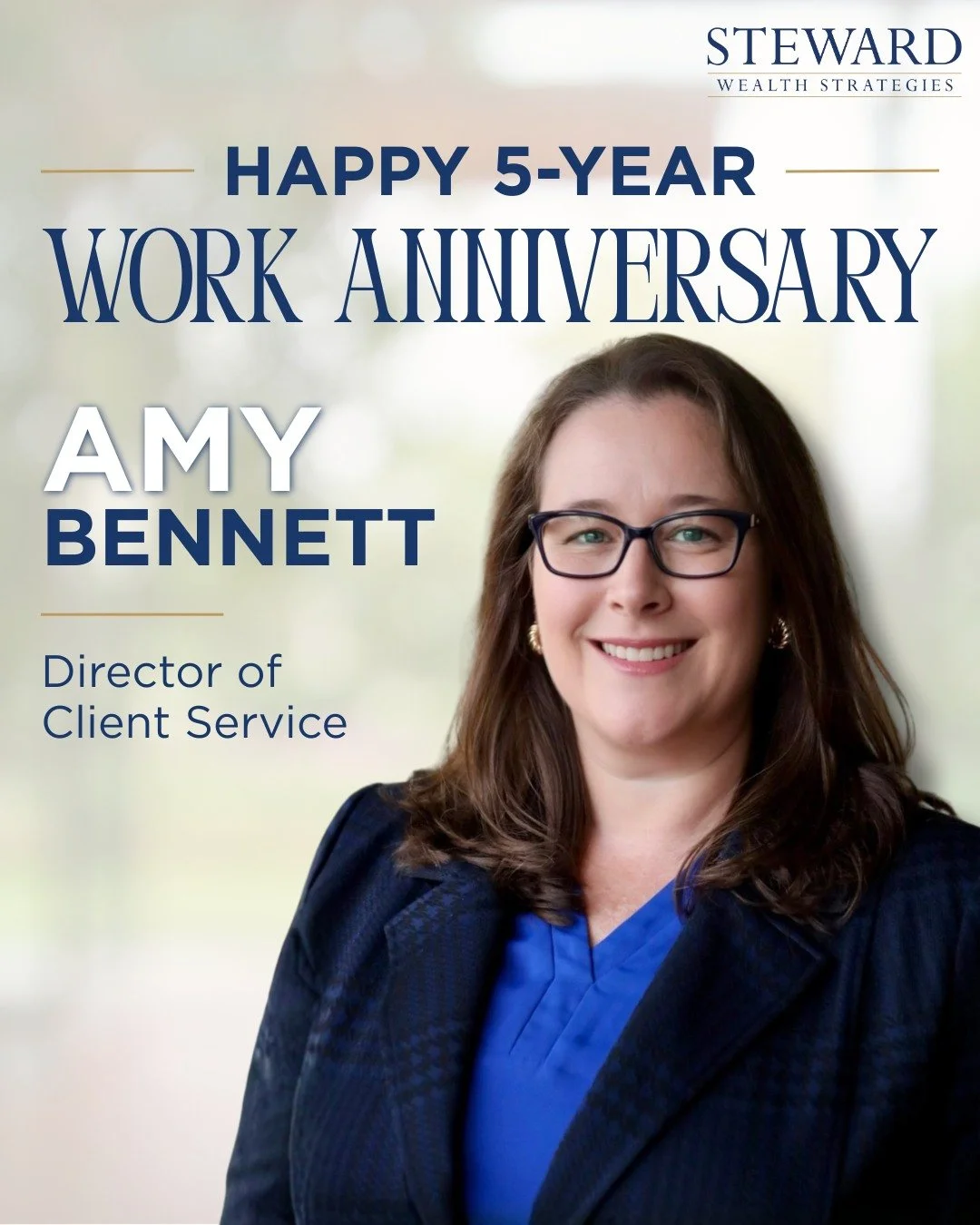 Five years with Amy Bennett! 🎉 We are so thankful for Amy and everything she has contributed to Steward Wealth Strategies over the past five years. Happy work anniversary, Amy!