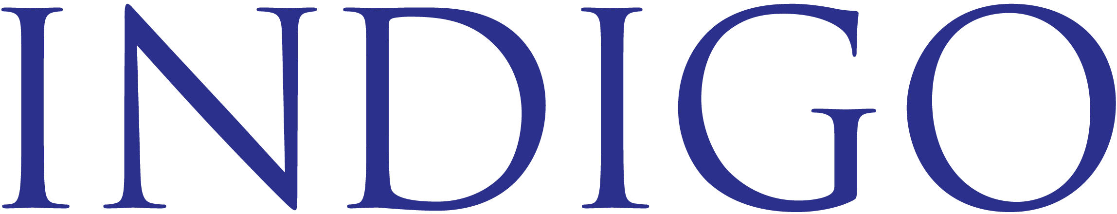 Large blue text spelling 'INDIGO' on a black background.
