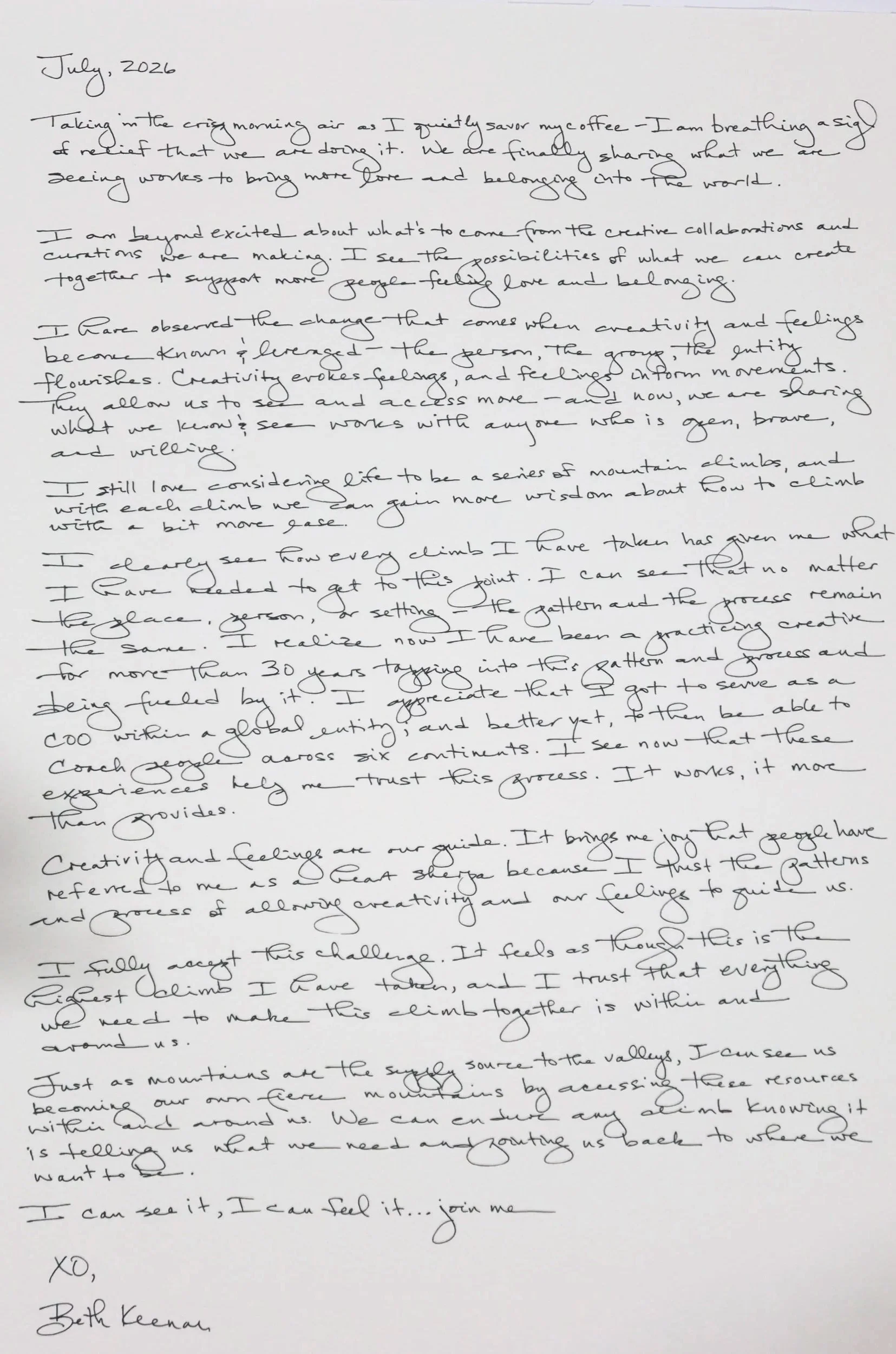 A handwritten journal entry dated July 2026 discussing feelings of creativity, trust, and collaboration, emphasizing climbing, mountains, and personal growth.
