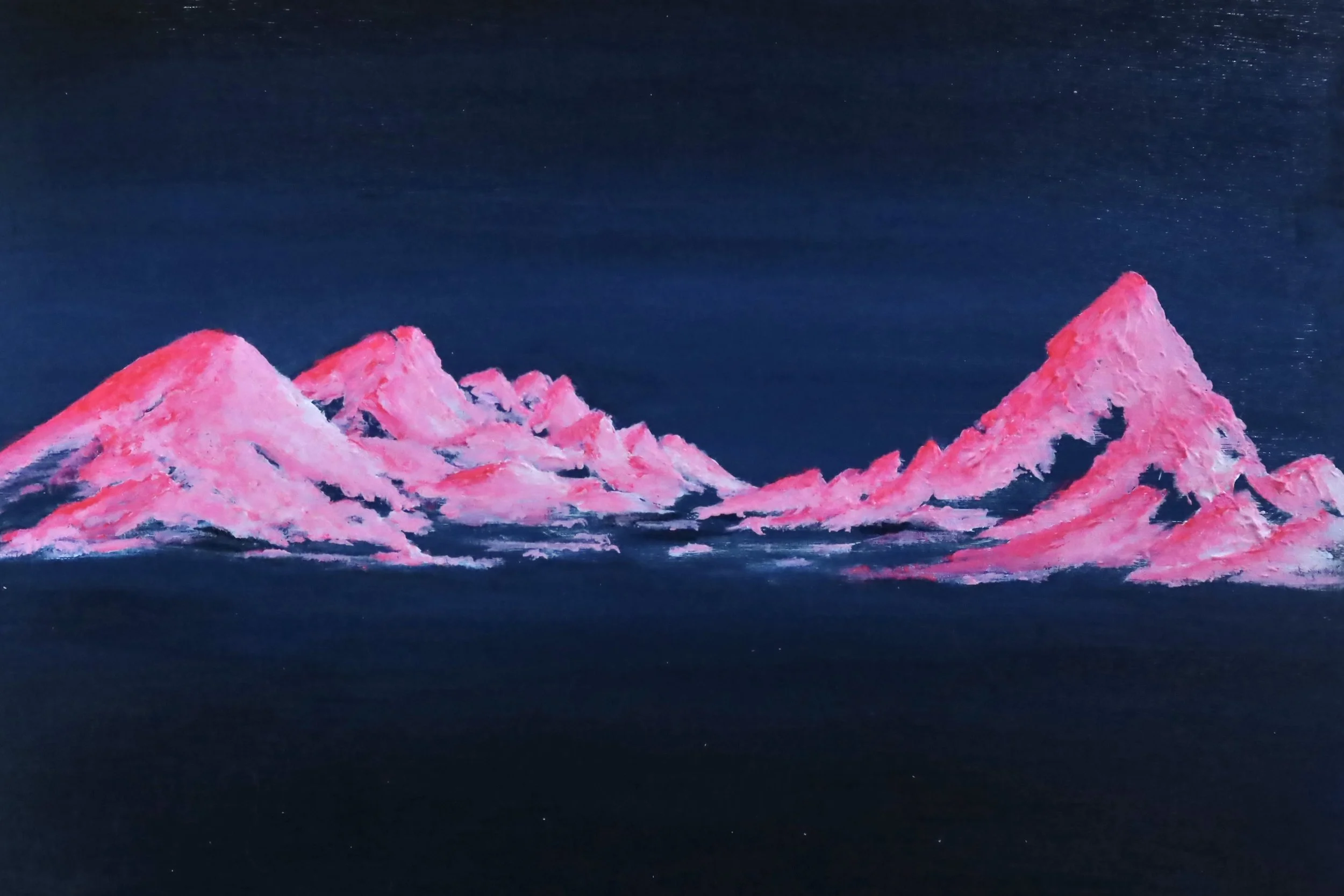 A painting of pink mountains against a dark blue night sky with stars.