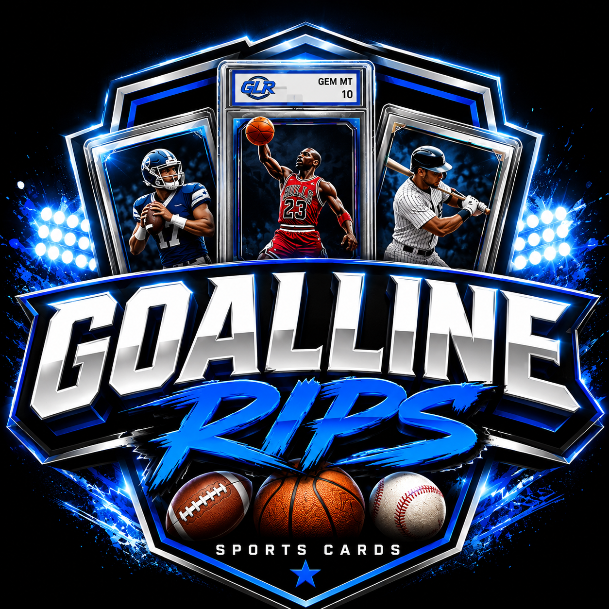 Graphic design featuring three sports trading cards for football, basketball, and baseball players, with the bold text "Goalline Rips" and images of football, basketball, and baseball below, illuminated by bright lights and a dark background.