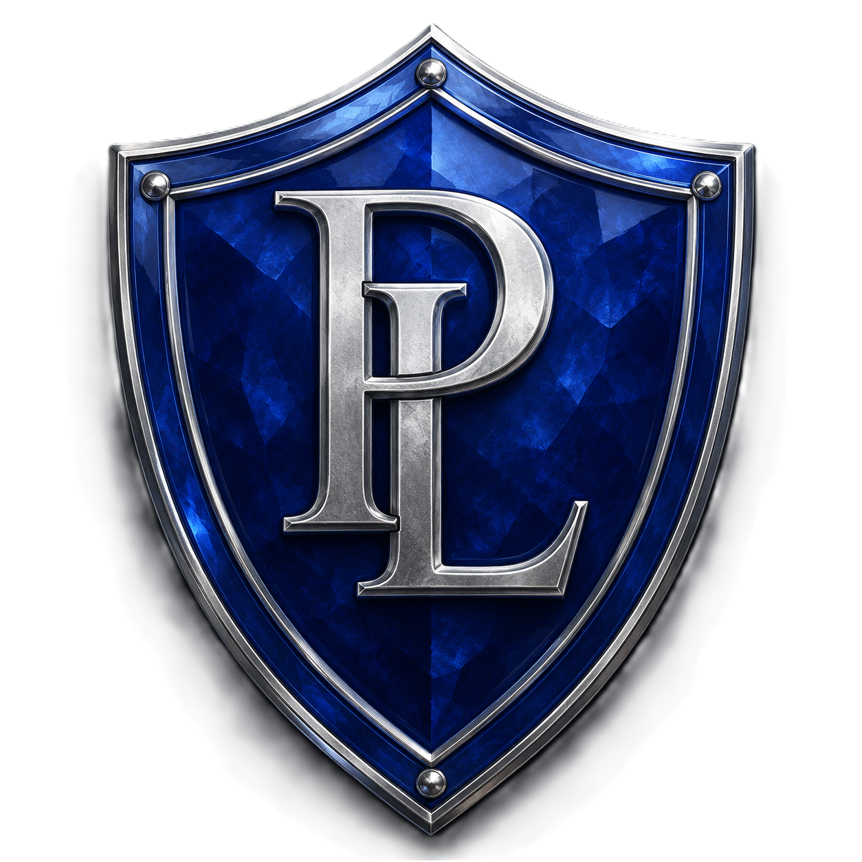 A blue shield with silver edging and a large silver letter "L" in the center.