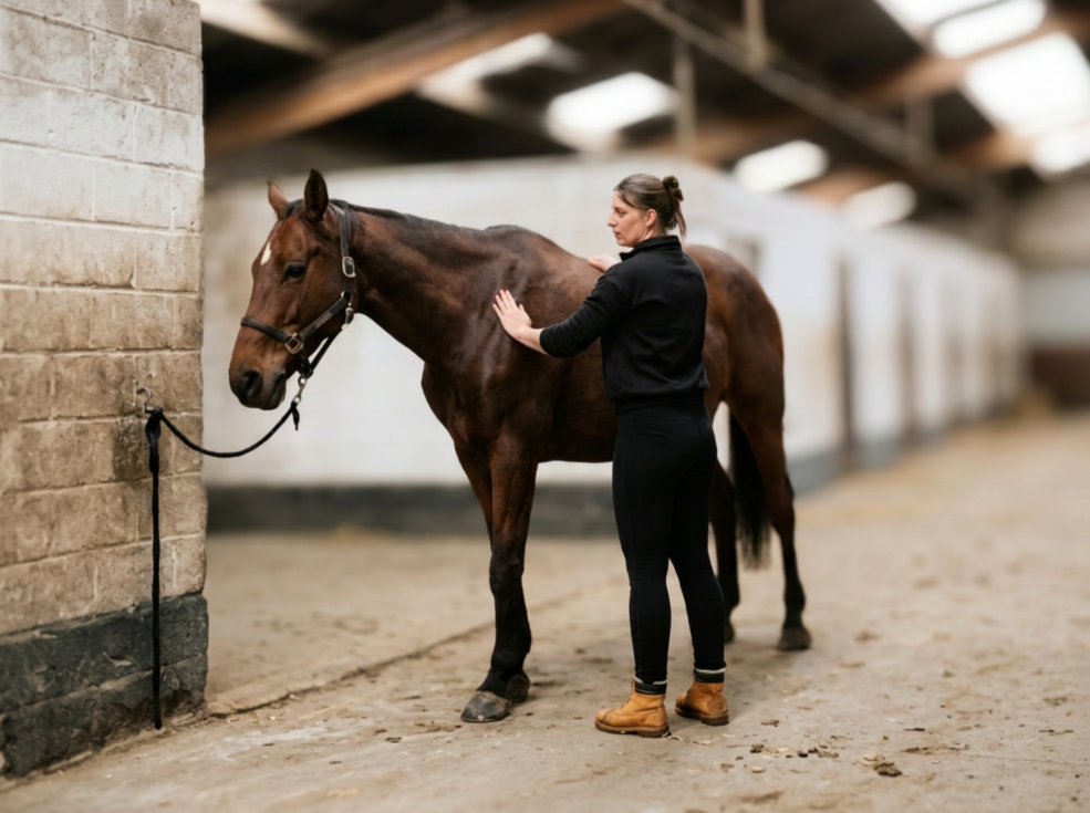 A woman in black clothing and tan boots comfortingly pats a brown horse inside a stable.