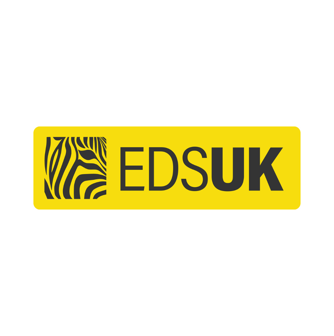 Yellow and black logo with the text "EDSUK" and a zebra stripe pattern on a white background.