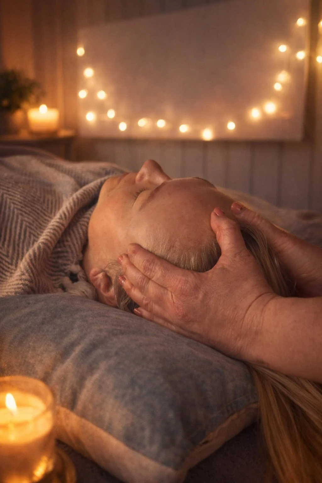 A person receiving a head massage in a cozy, dimly lit room decorated with fairy lights and candles.