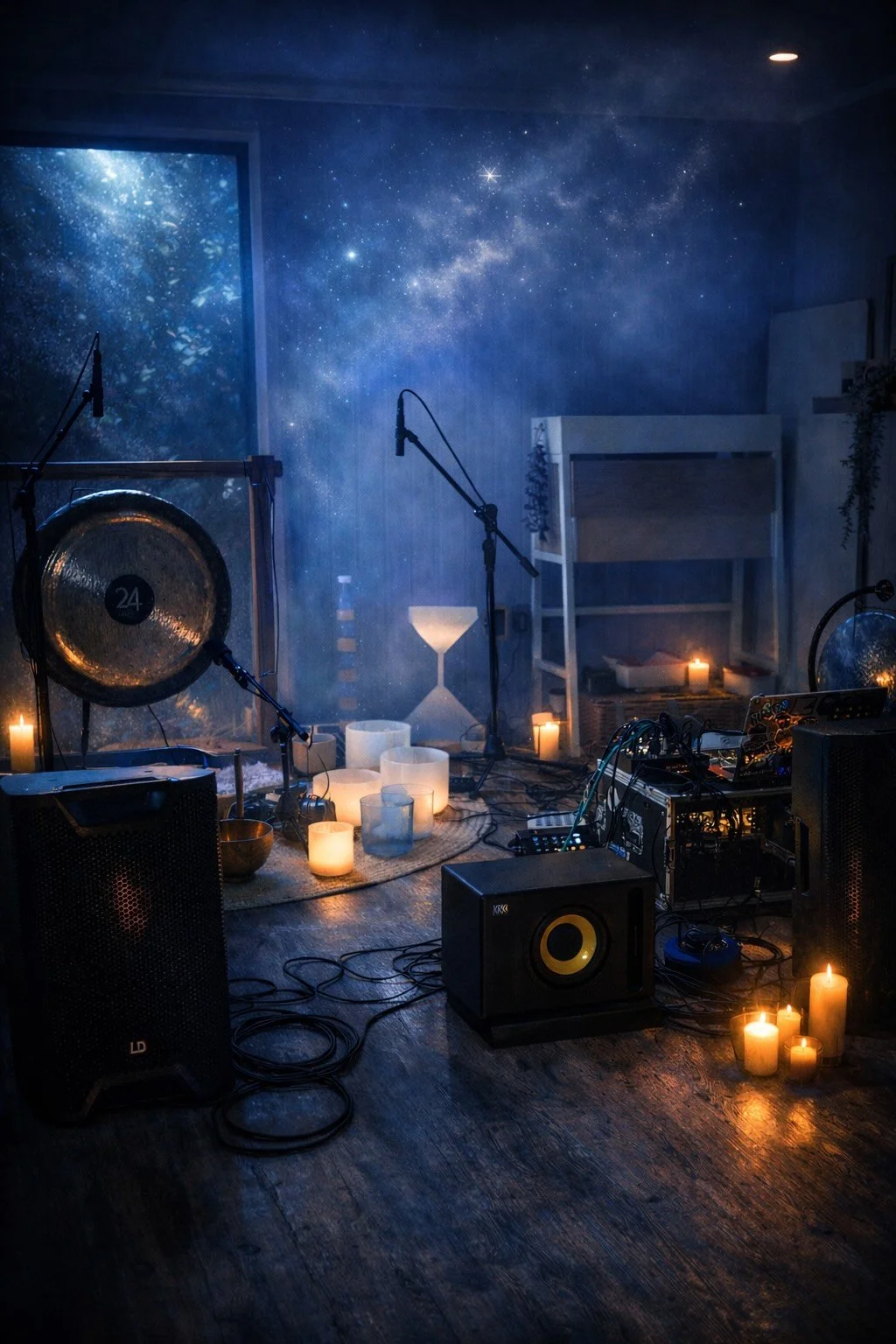 Music studio with microphones, speakers, candle lights, and a projection of a starry night sky on the wall.