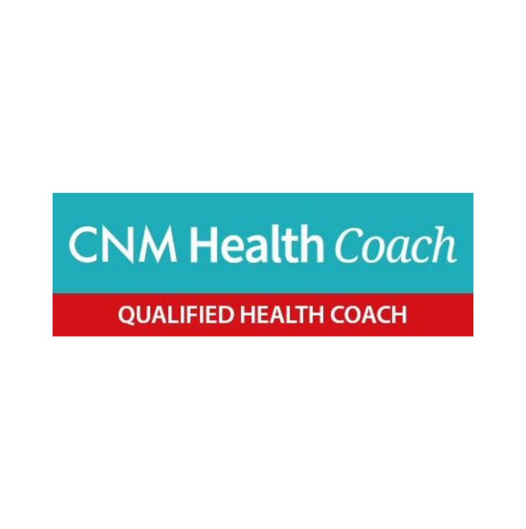 Logo for CNM Health Coach, with blue background and white text, and a red banner stating 'Qualified Health Coach'.