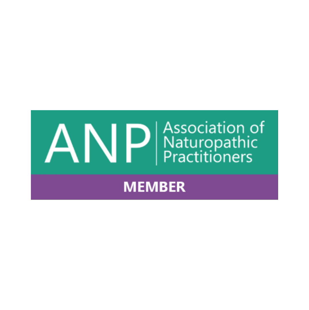 A membership badge for the Association of Naturopathic Practitioners (ANP) with a purple and teal design, indicating the person is a member.