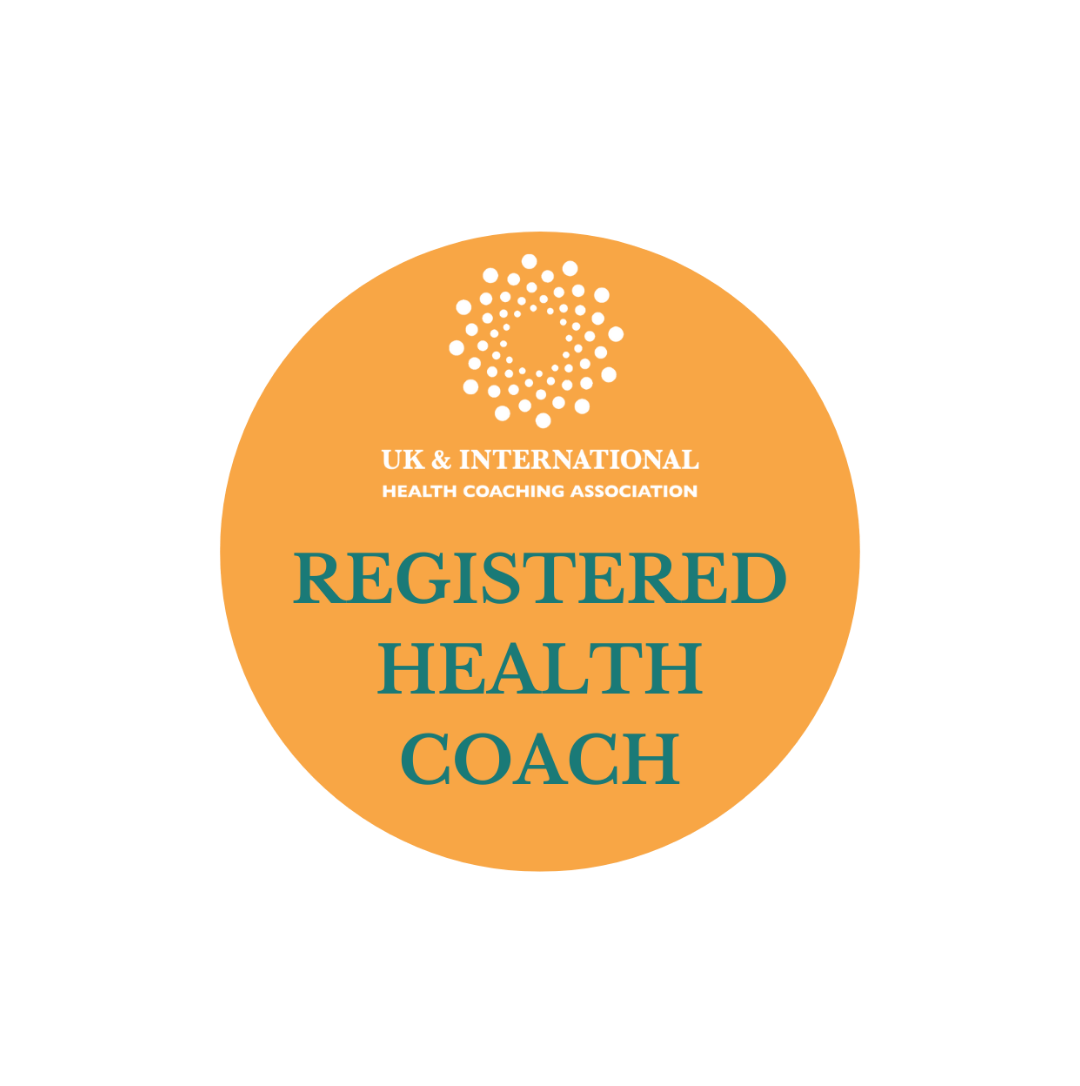 Orange circular badge with white and teal text that reads "UK & International Health Coaching Association" and "Registered Health Coach". Contains a white abstract logo at the top.