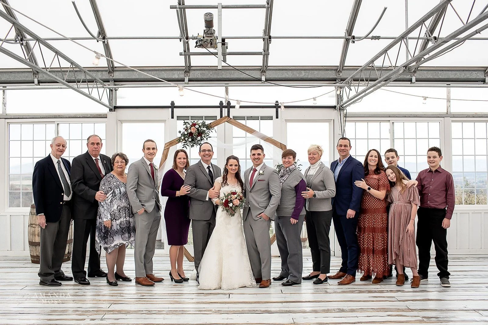 large family photo at wedding at showalters orchard in virginia