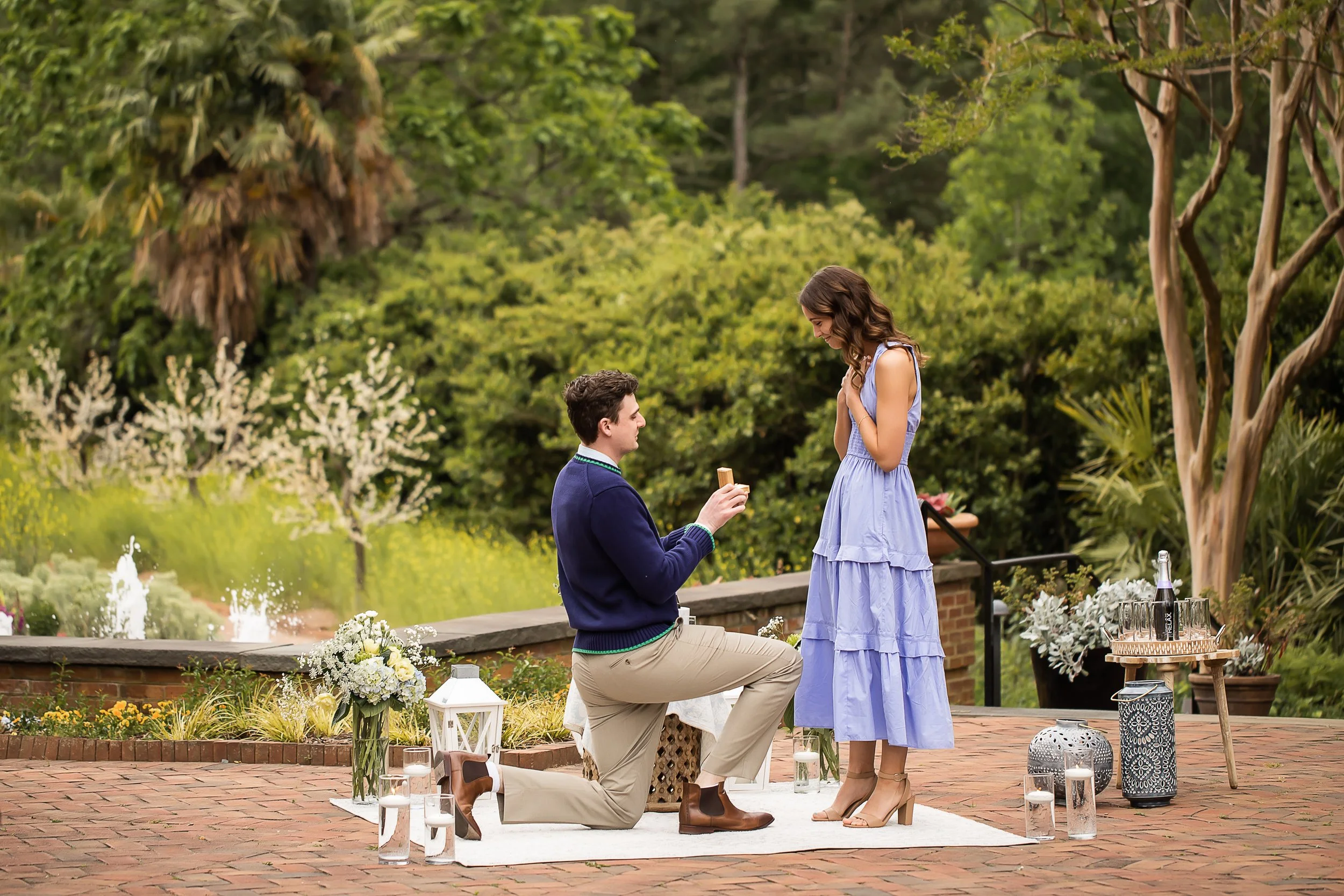 man proposing to girlfriend at surprise picnic proposal at daniel stowe botanical garden in april