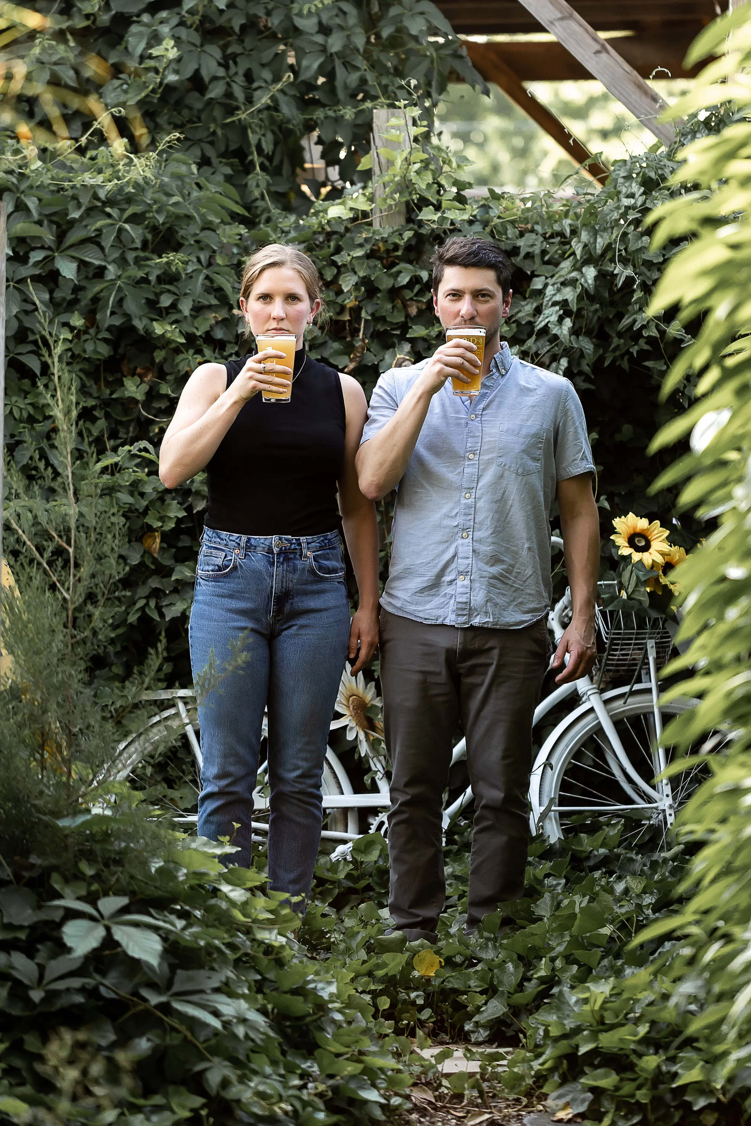 american gothic style posed portrait engagement session beer charlotte nc