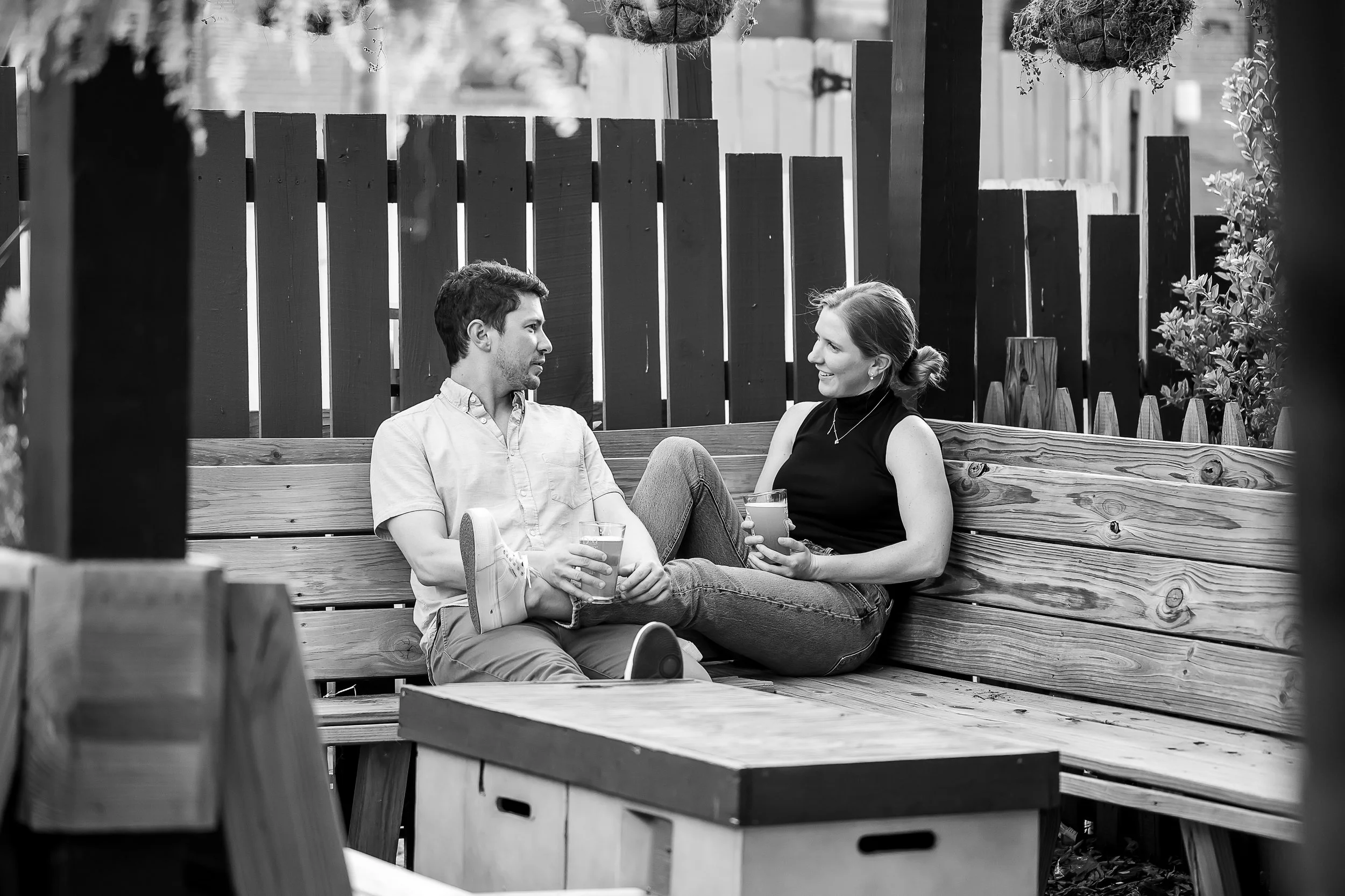 black and white engagement photo outdoor beer garden charlotte nc