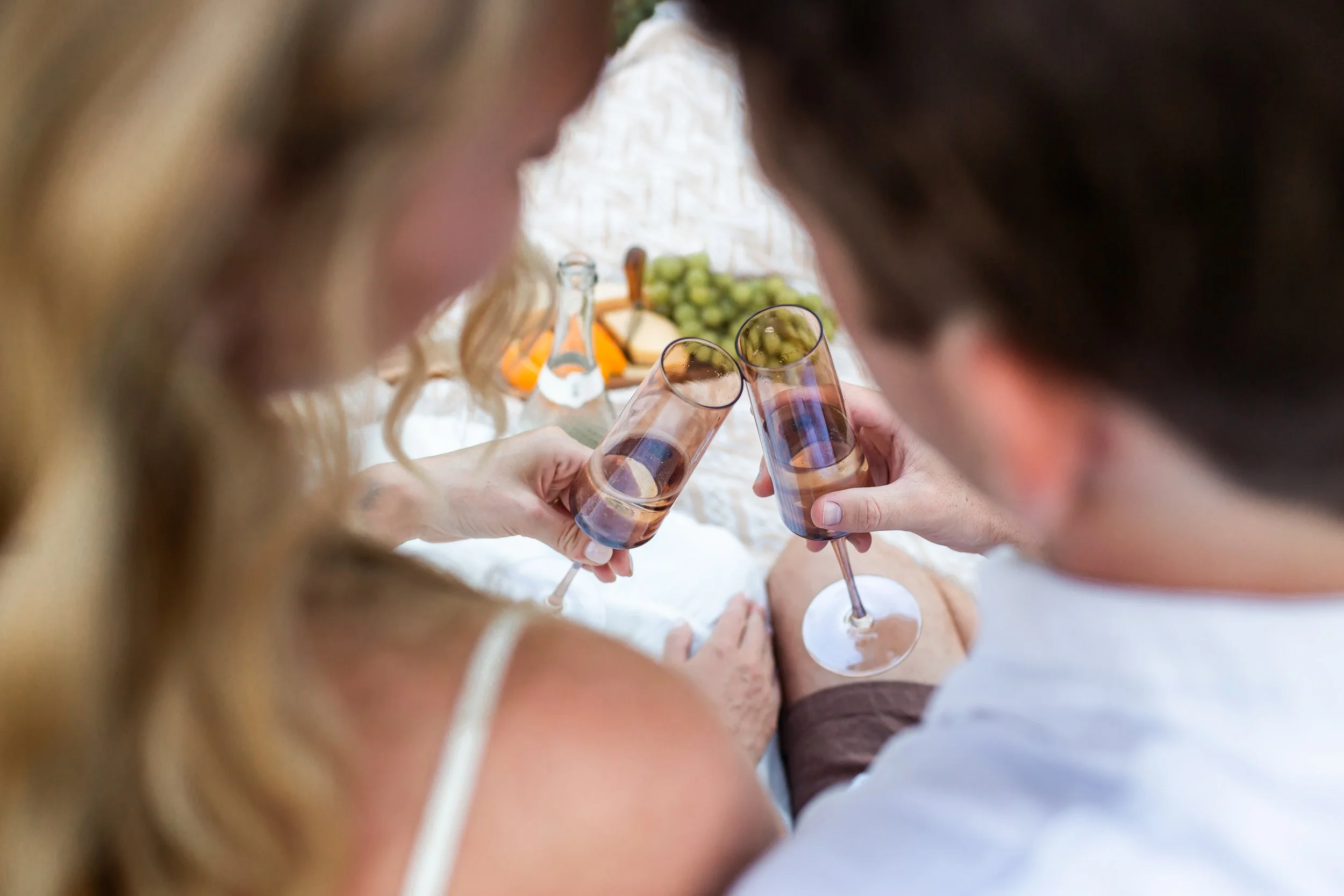 engagement photo of couple with champagne glass at a picnic