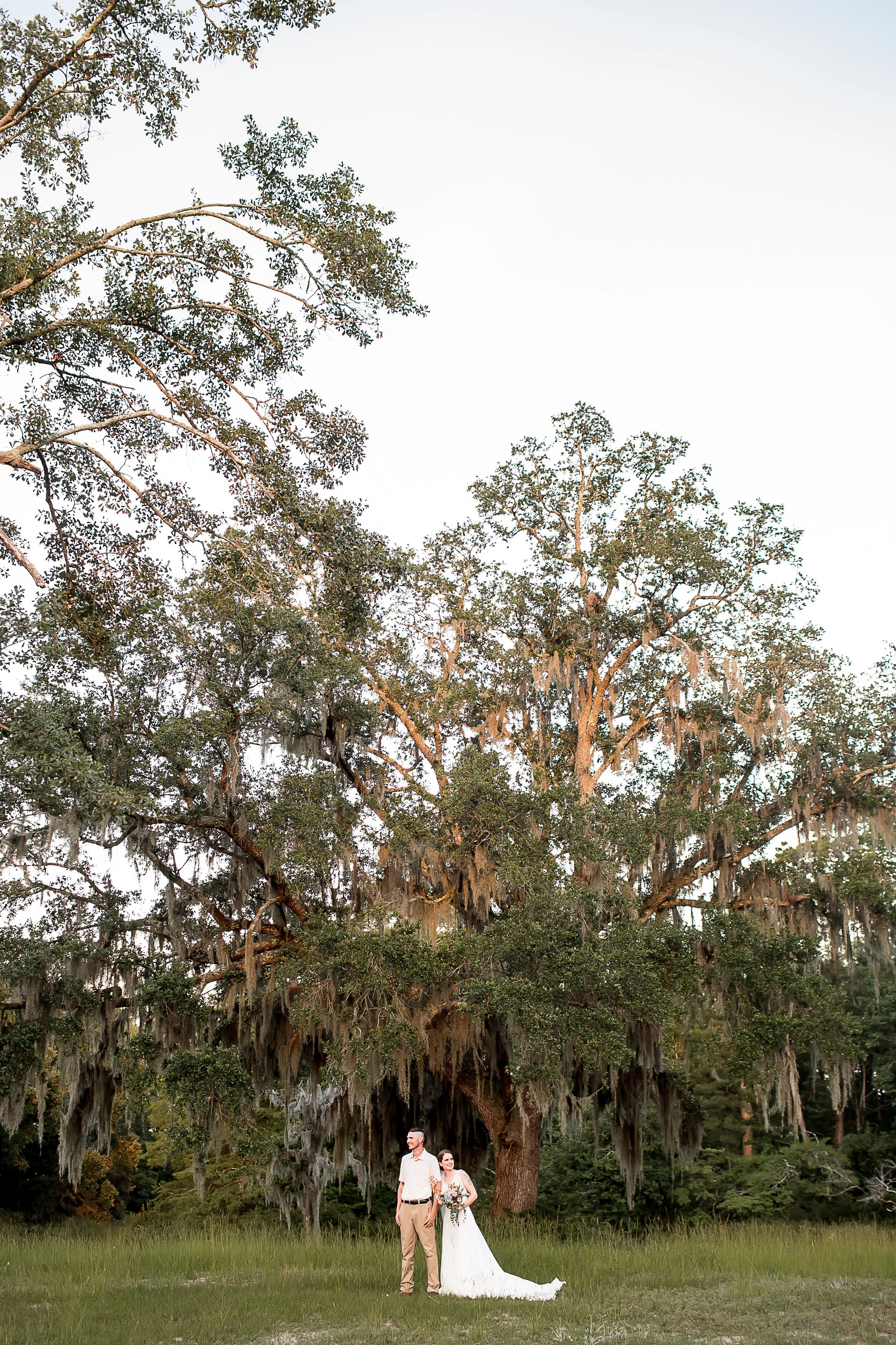 wedding photo of bride and groom after elopement in front of big tree in the carolina lowlands wilminton nc