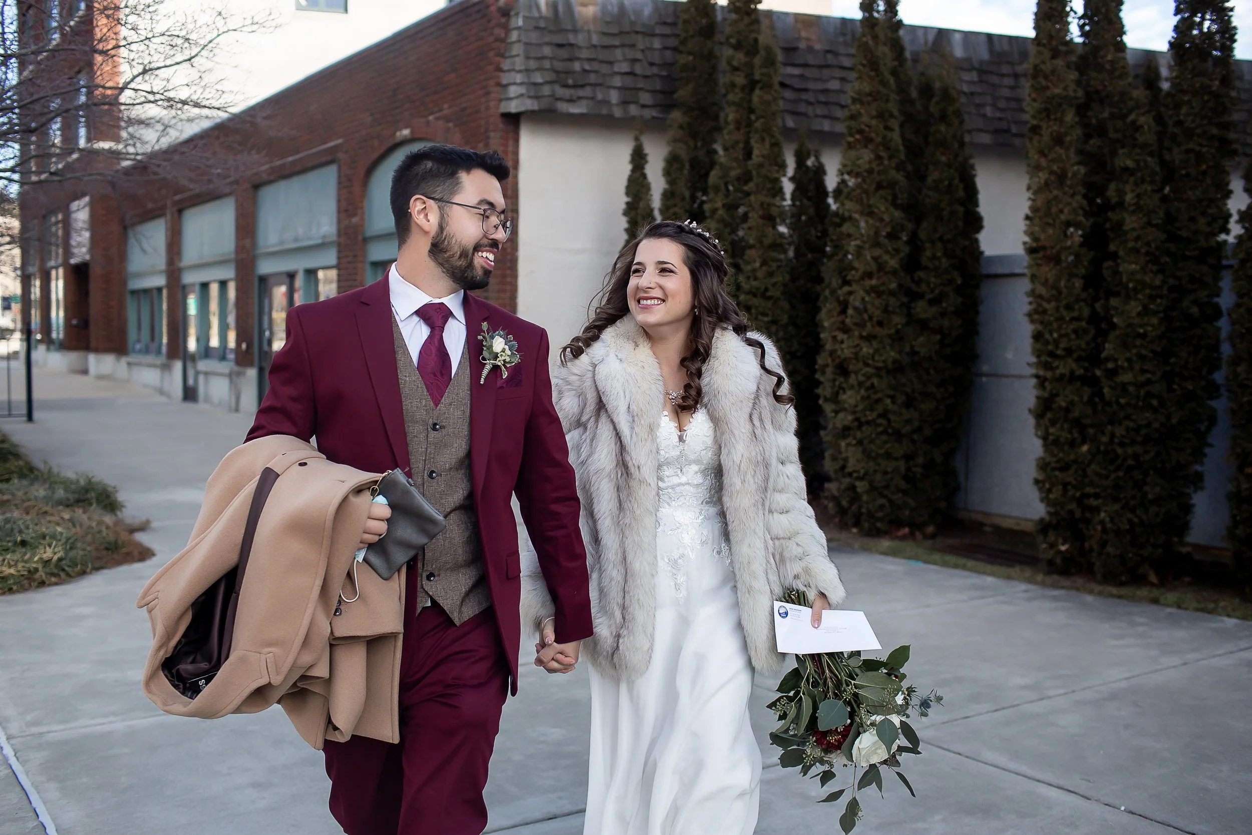 winter elopement maroon suit fur coat asheville nc