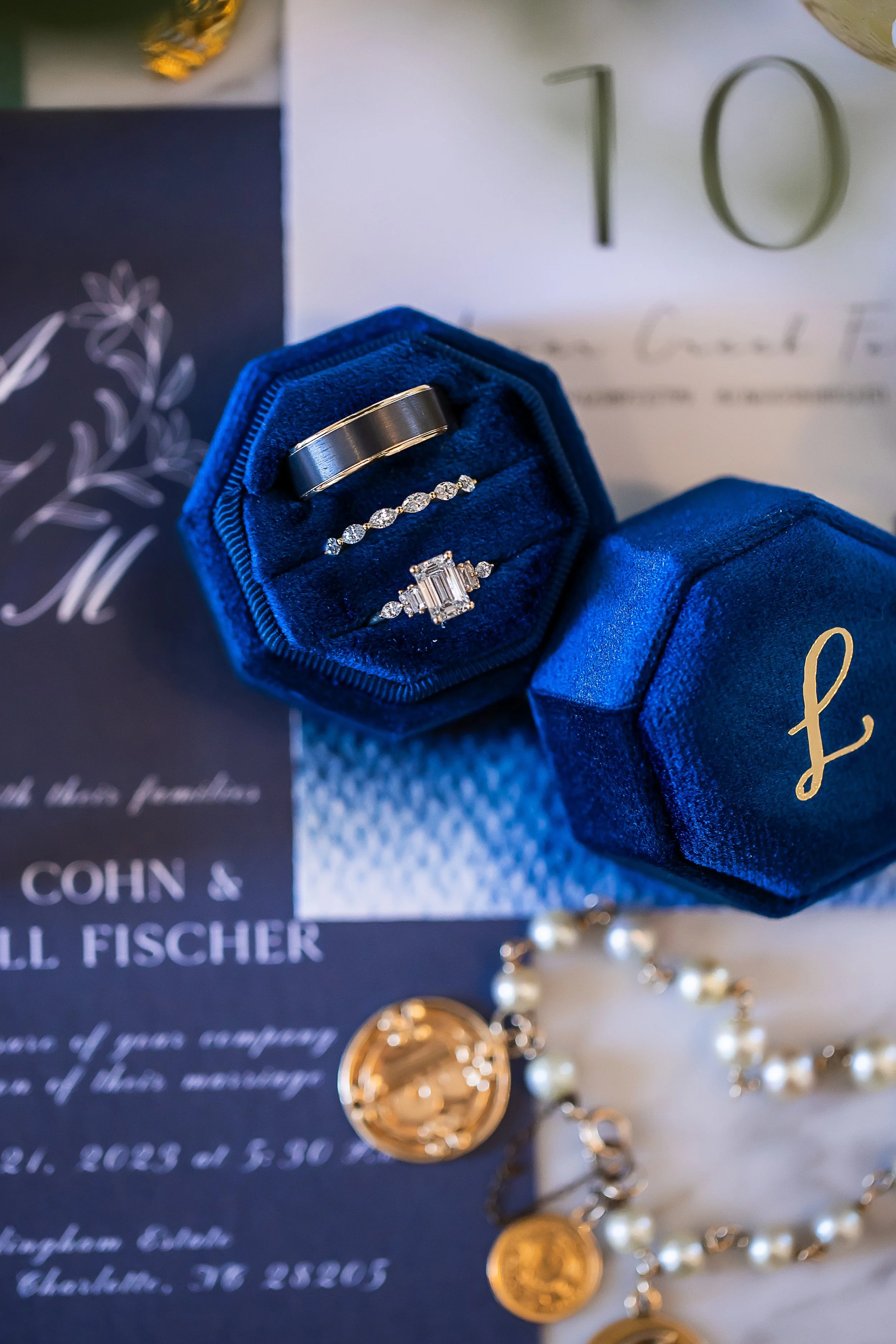 Close-up image of a wedding band engraving captured during a wedding photo session