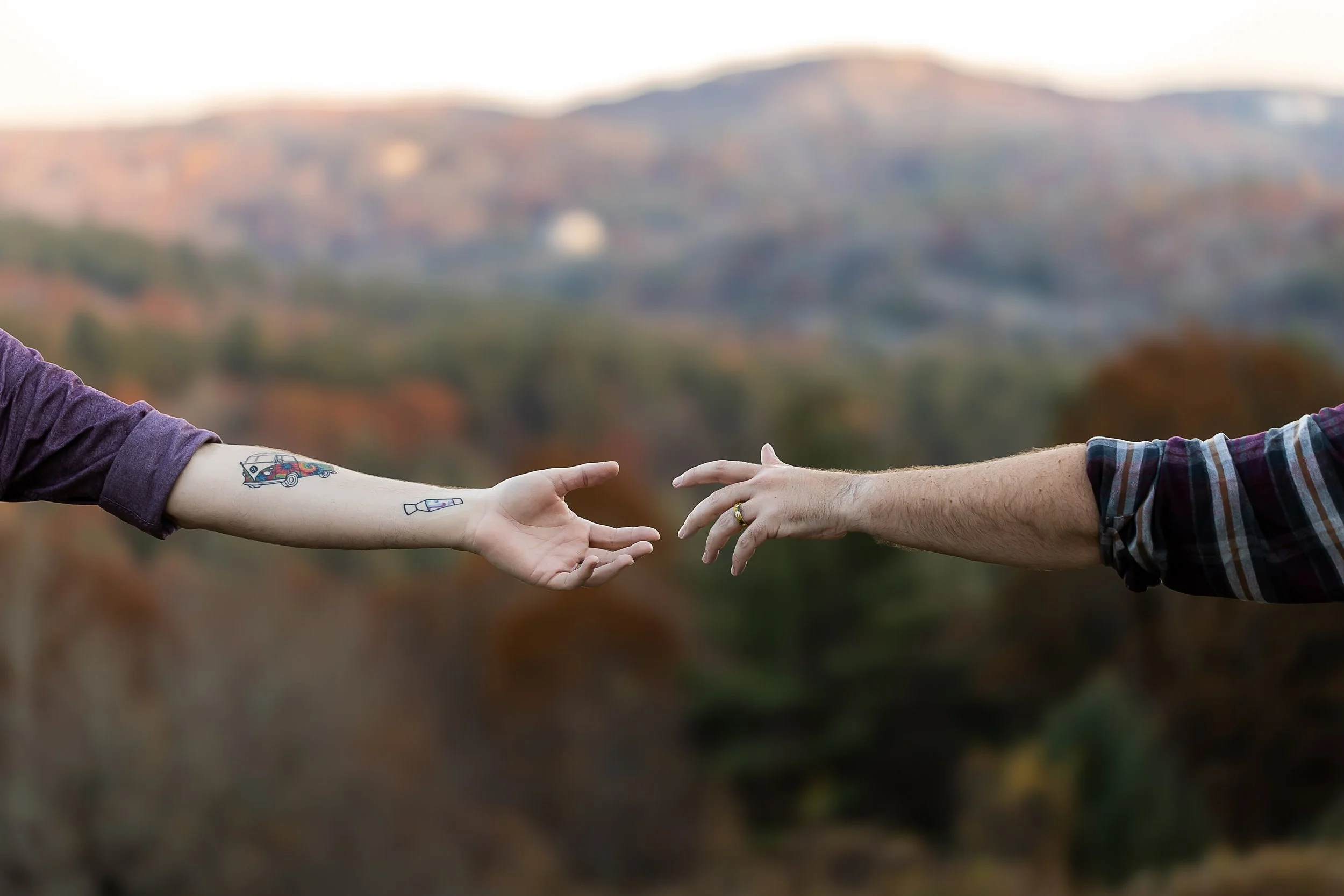 hands reaching for each other with the mountains in the background nc asheville moses cone manor lgbt