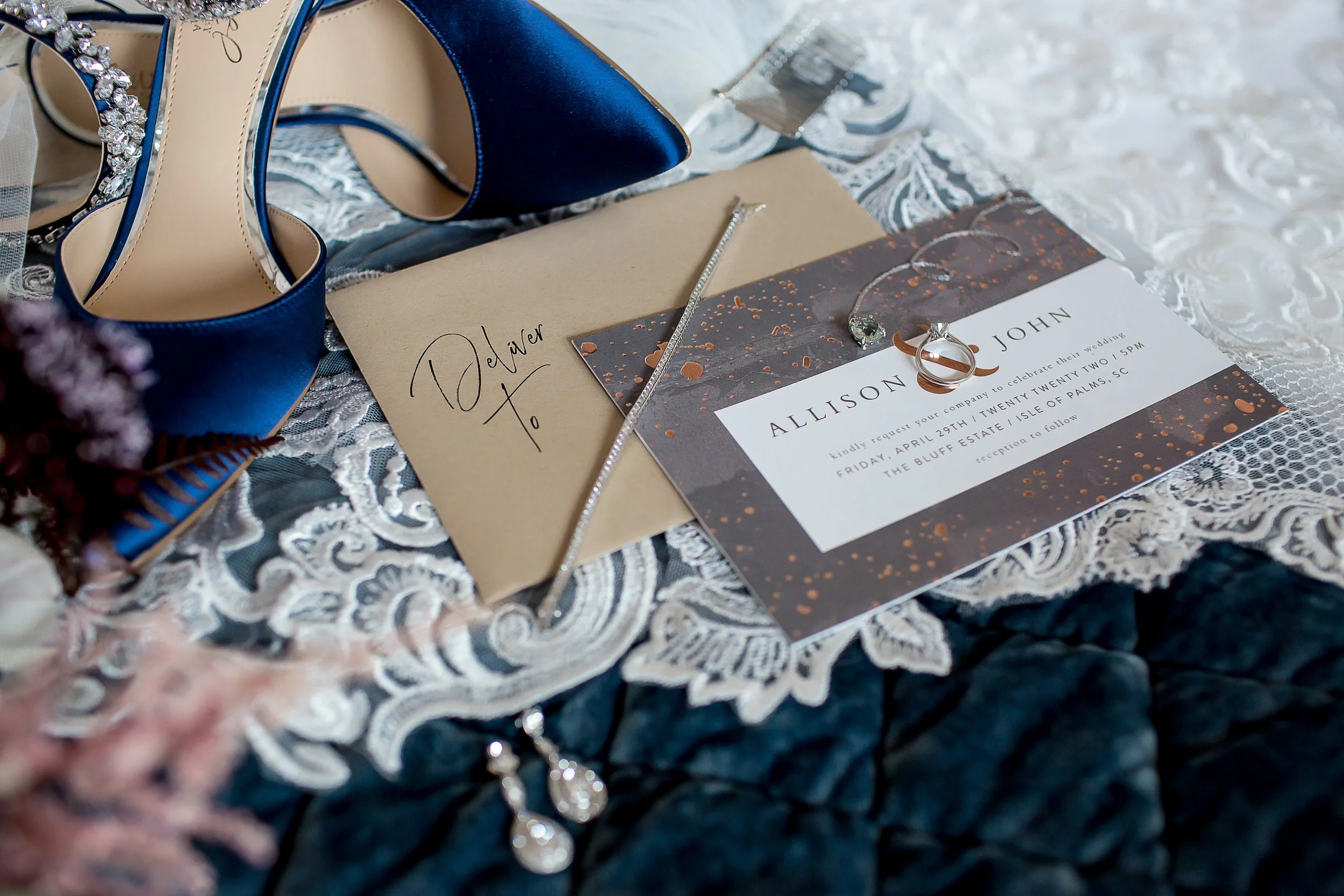 wedding details invitation ring shoes