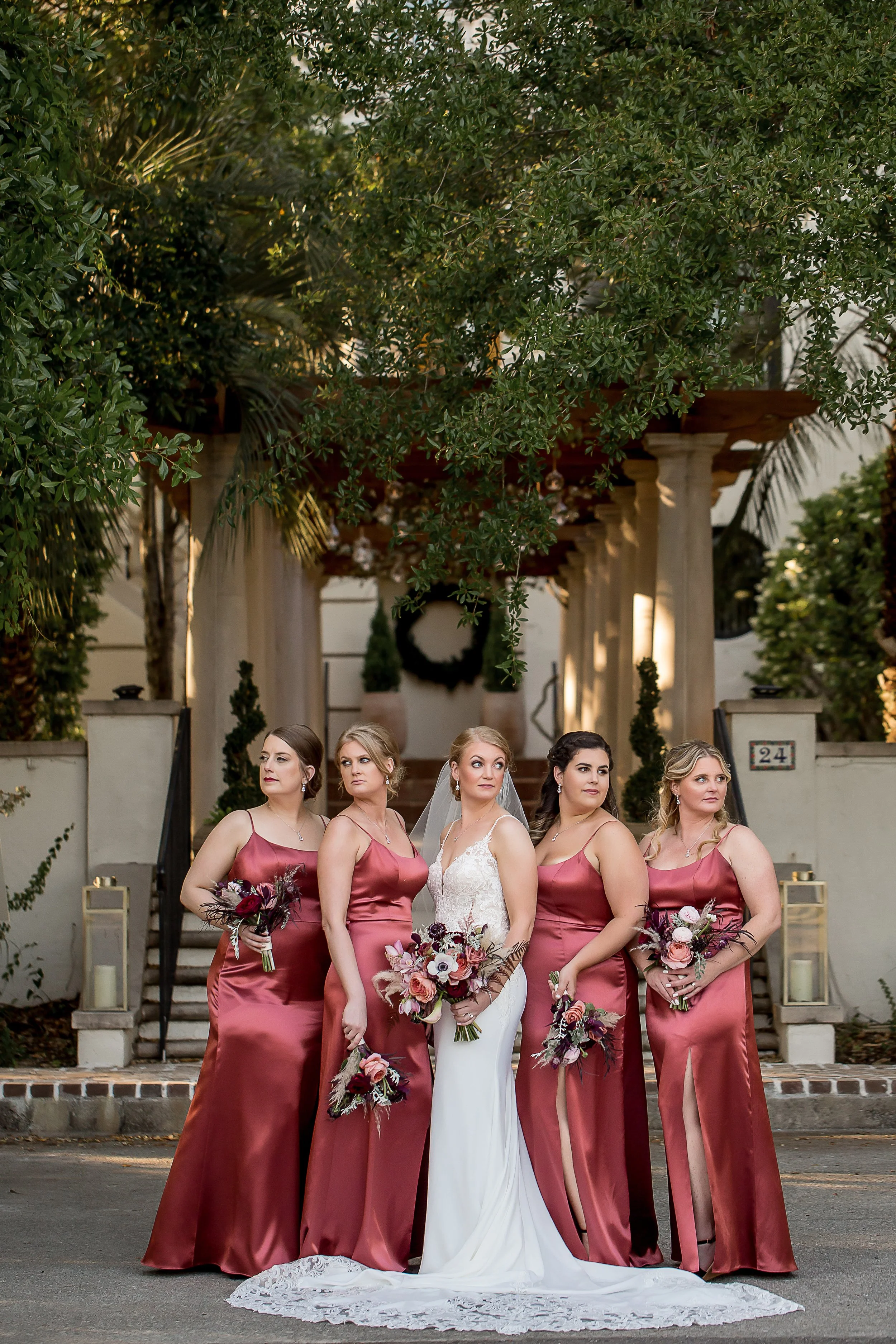 sophisticated bridesmaids lace dress satin mauve floral bouquet charleston destination wedding