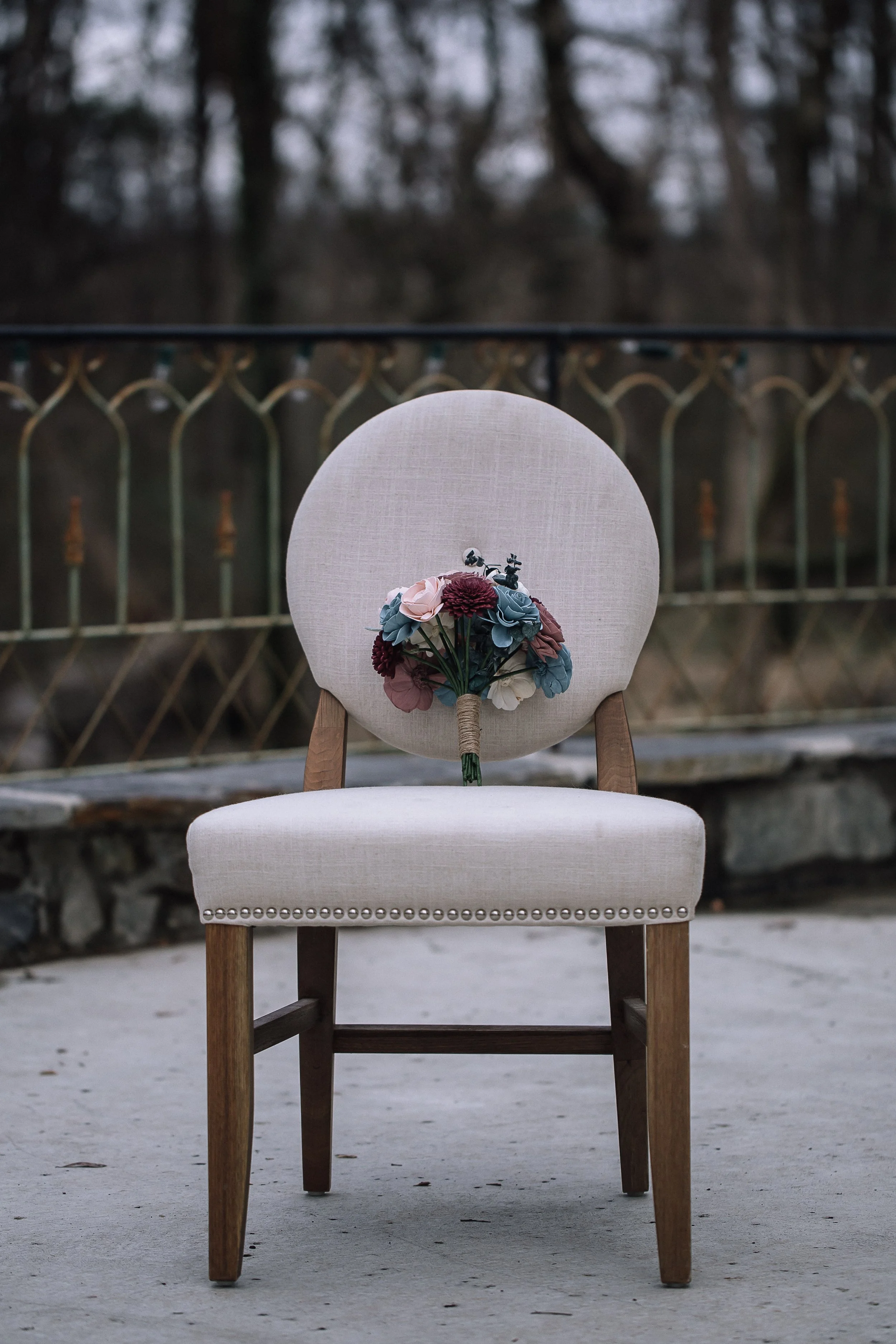 wedding bouquet on banquet chair