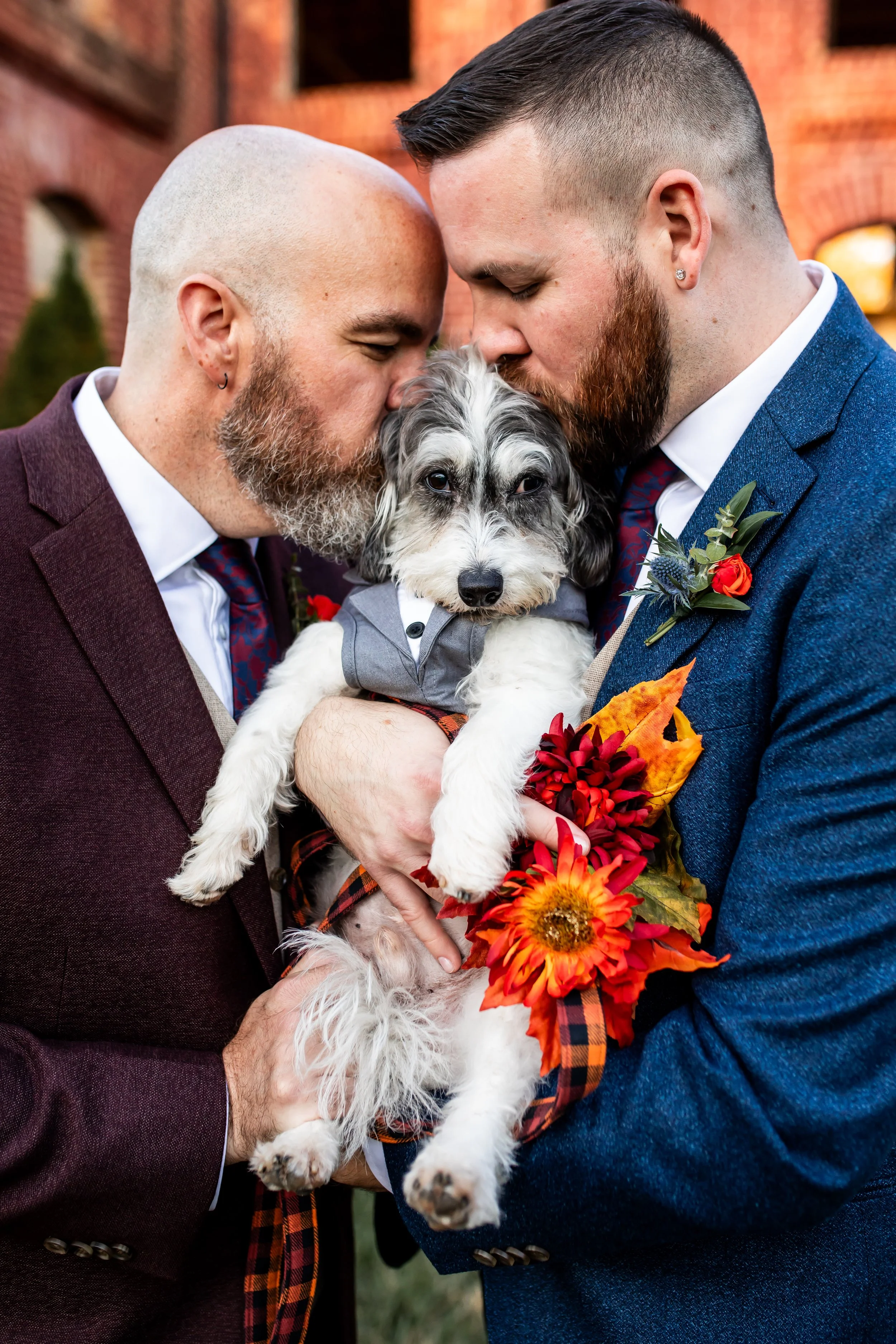 two grooms with their dog fall wedding providence cotton mill charlotte nc