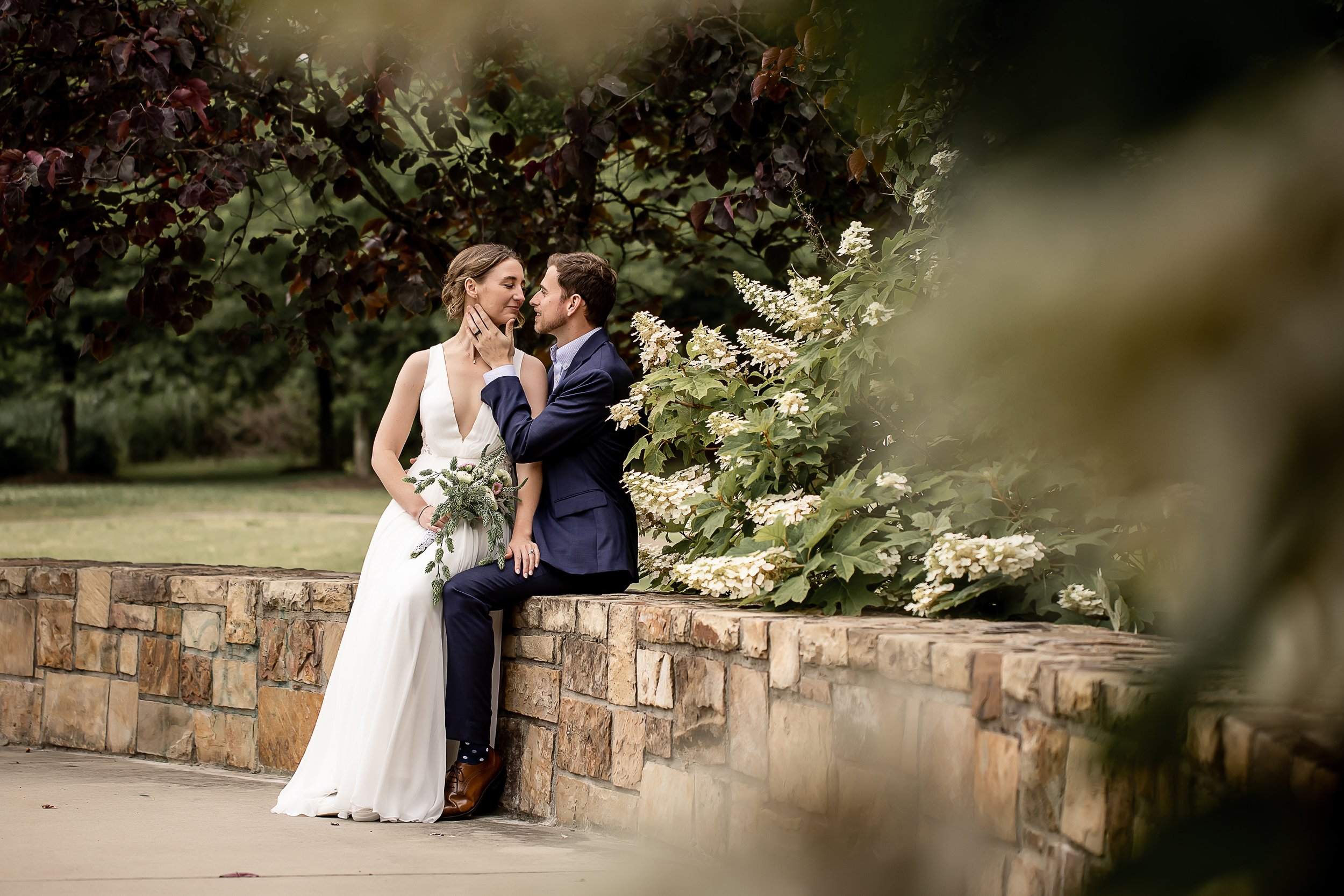 Bride sitting on grooms lap in front of white hydrangeas in a park in charlotte nc