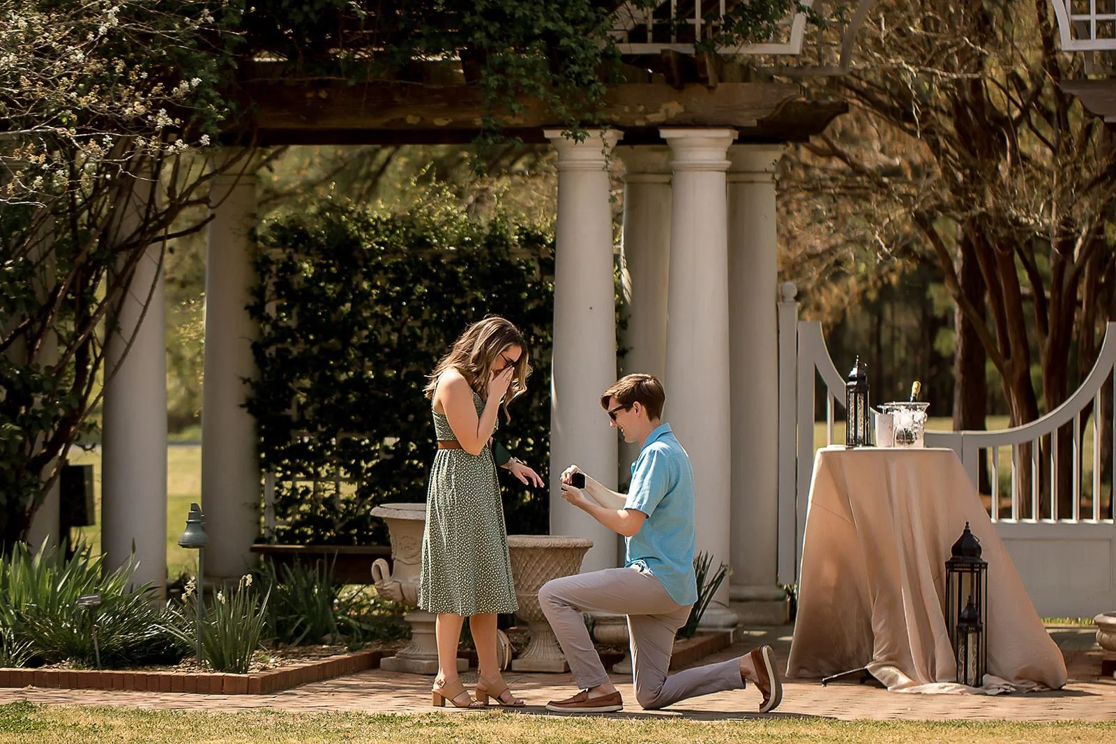 woman is stunned as boyfriend proposes on one knee in white garden at daniel stowe botanical garden