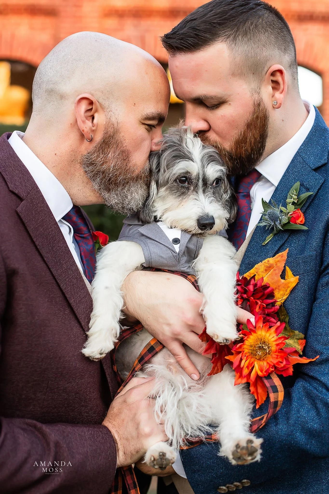 grooms hug and kiss their dog at their outdoor wedding at providence cotton mill in maiden nc