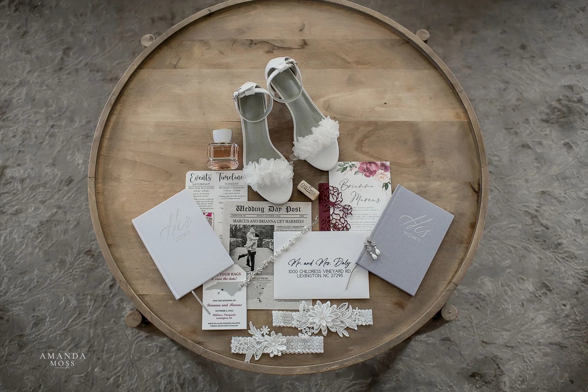 overhead photo of wedding detail flat lay shoes perfume garter vow book invitation suite