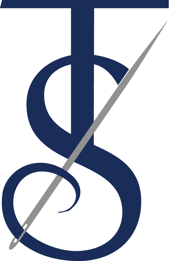 A stylized logo featuring a dark blue dollar sign with a grey needle crossing through it at an angle.
