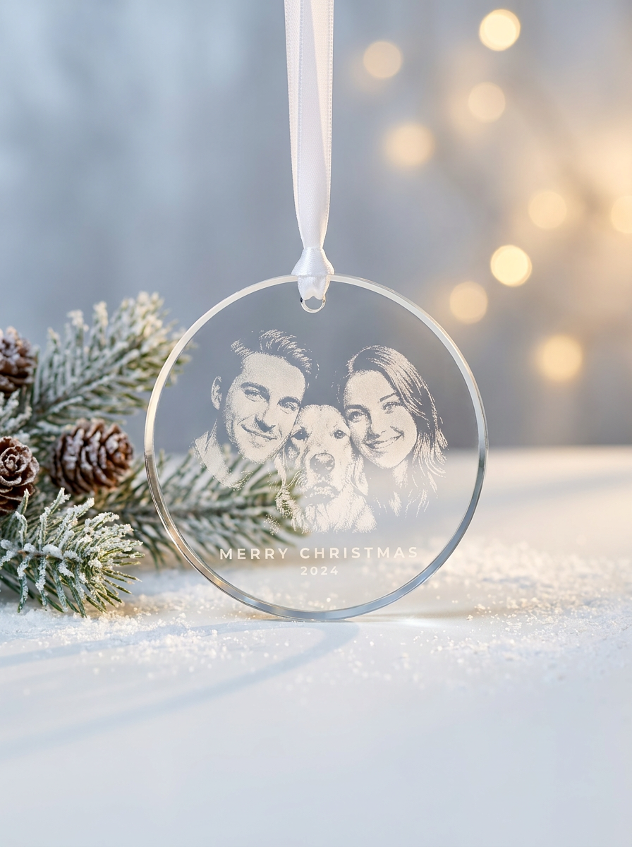 Round engraved glass ornament against a softly lit holiday background