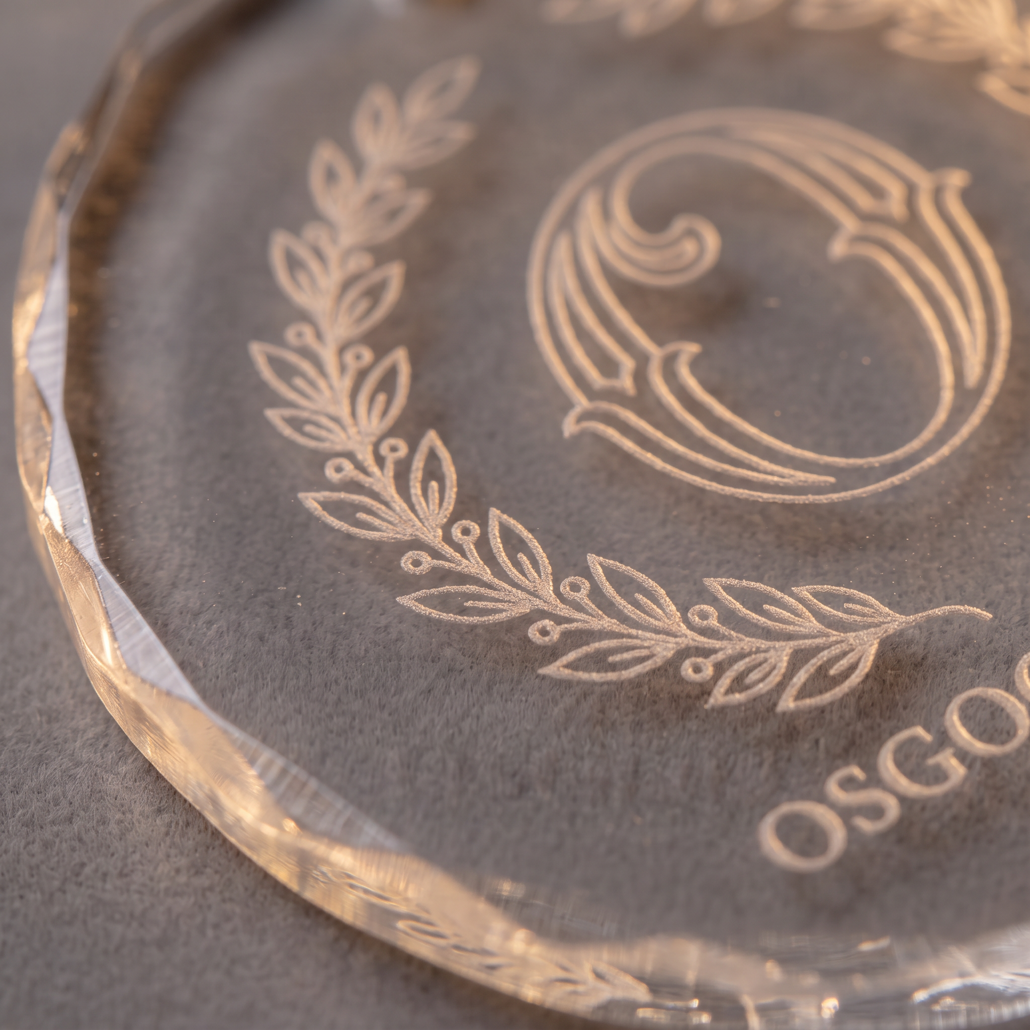 Close-up of a spiral design laser-engraved into a glass ornament